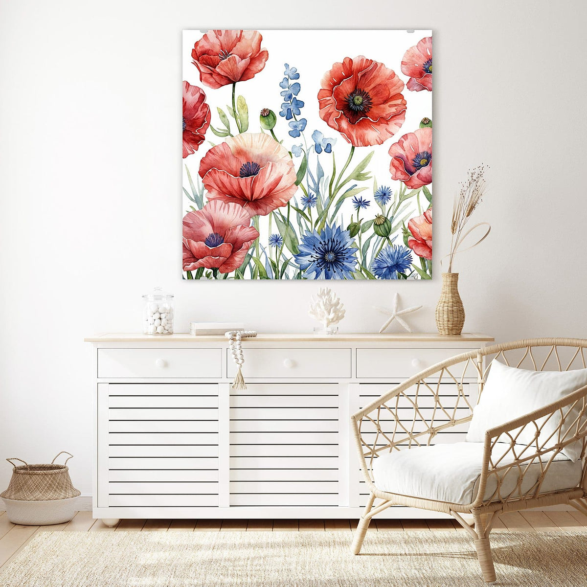 Echtglas, 4 mm – kein Acryl, keine Folie – Wandbild - Mohn und Kornblumen - Quadratisch
