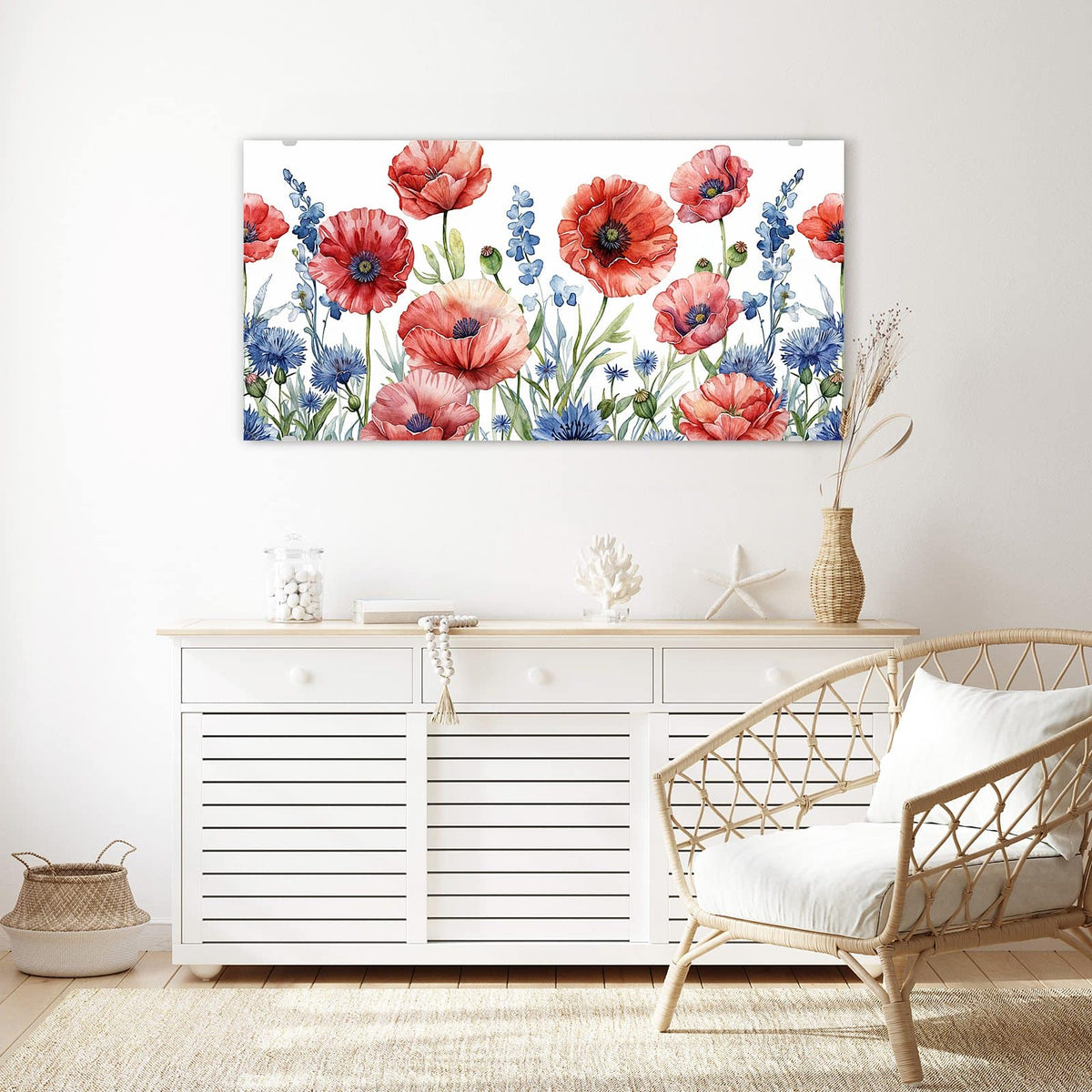 Echtglas, 4 mm – kein Acryl, keine Folie – Wandbild - Mohn und Kornblumen - Querformat