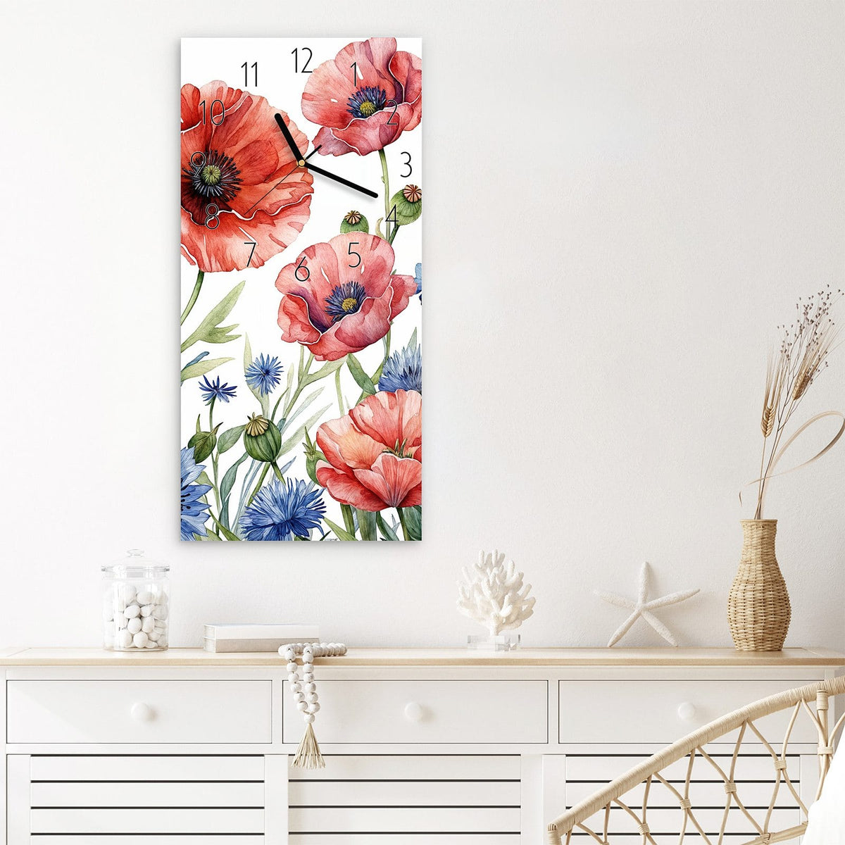 Wanduhr Blumenwiese Kunstvoll aus Glas – Roter Mohn und blaue Kornblumen