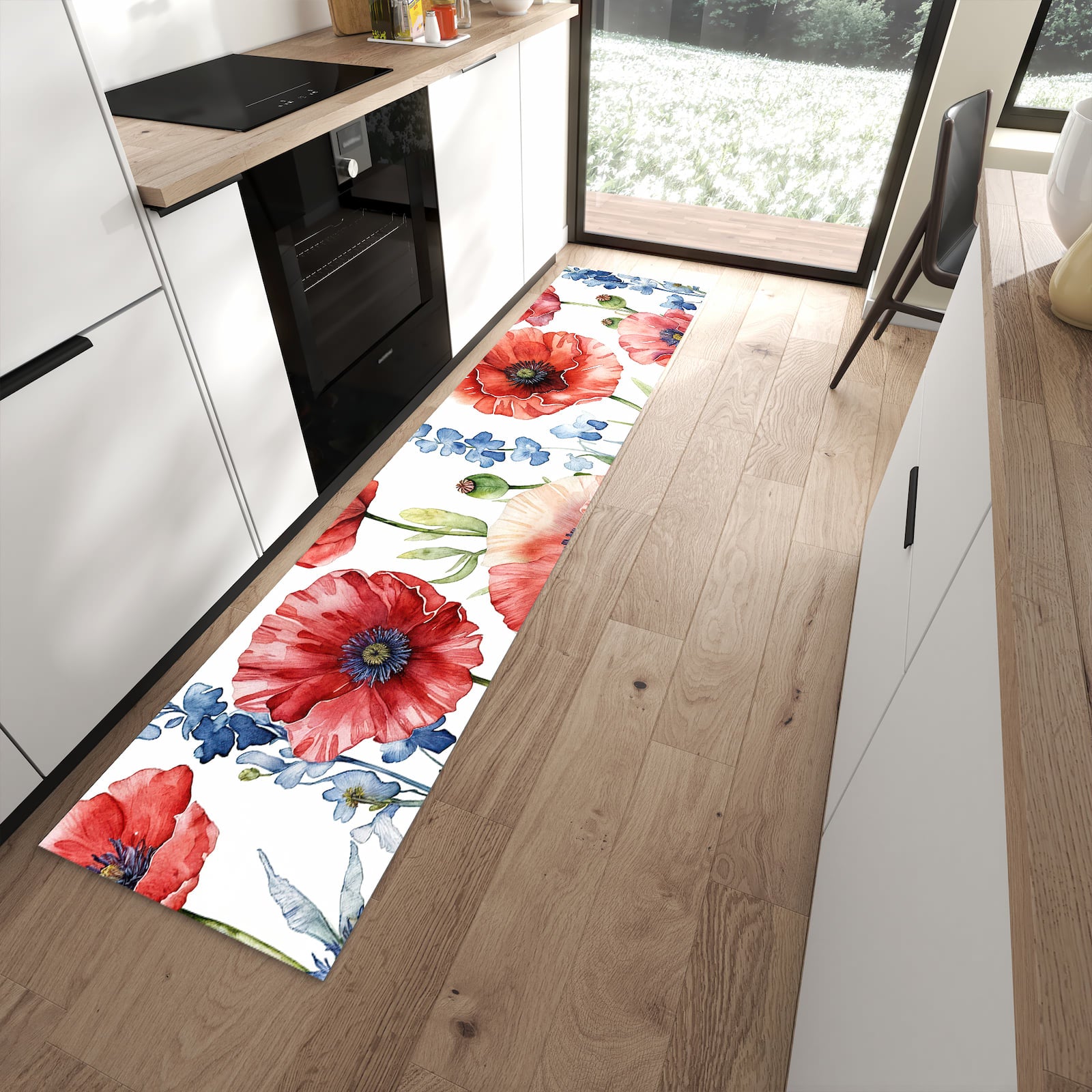 Flacher Küchenteppich mit Motiv Blumenwiese Kunstvoll in moderner Küche