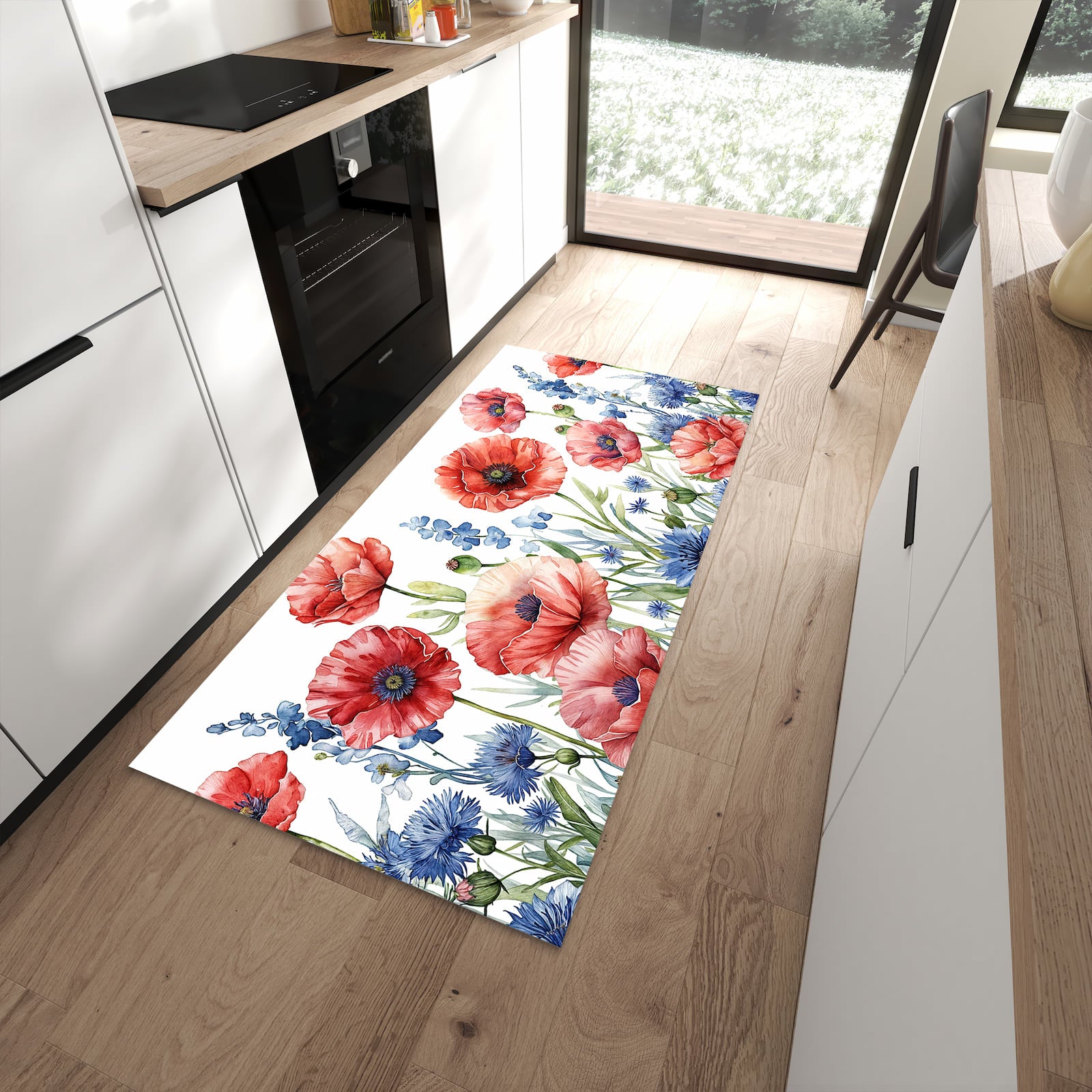 Strapazierfähiger Küchenläufer mit Motiv Blumenwiese Kunstvoll in moderner Küche