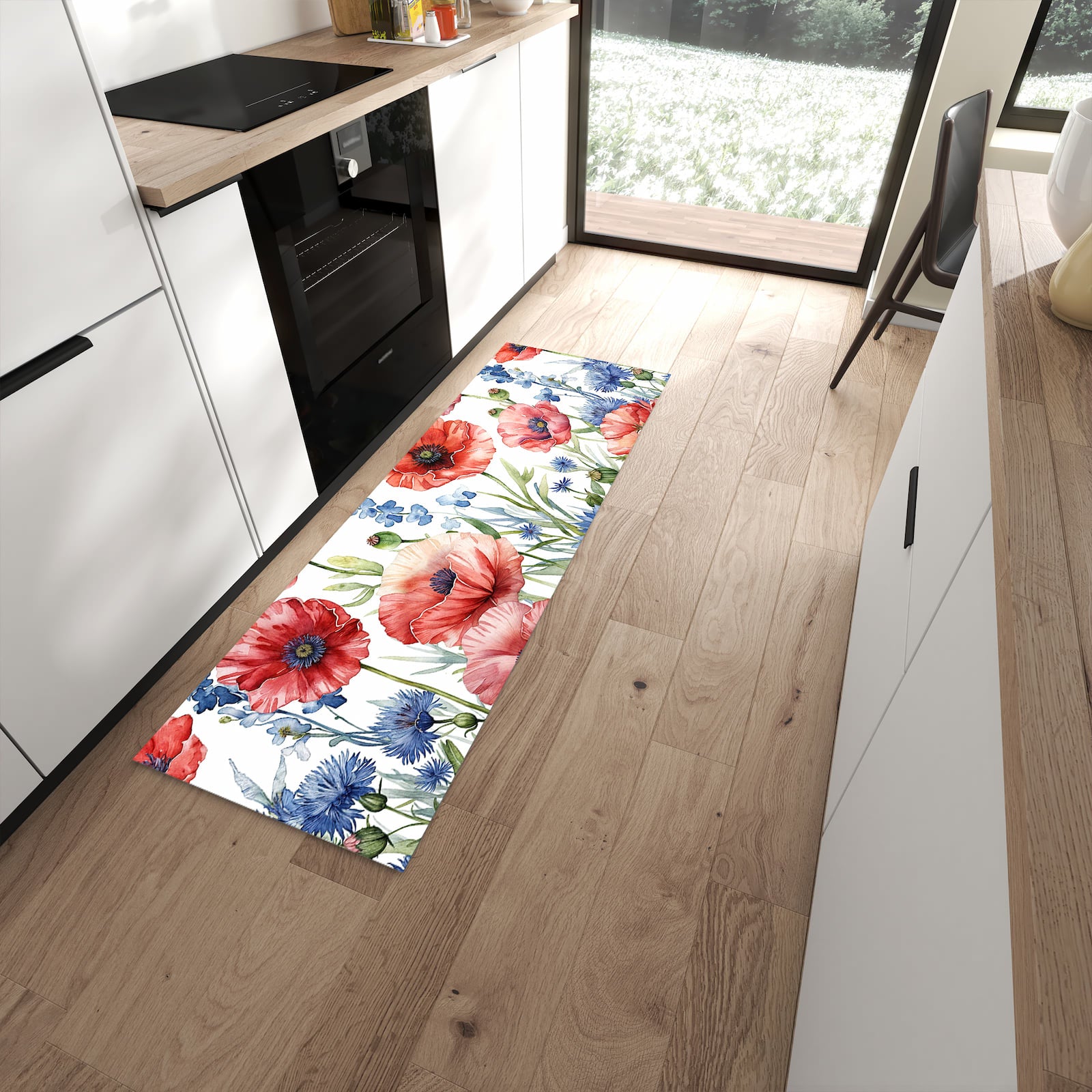 Geruchsneutraler Küchenteppich mit Motiv Blumenwiese Kunstvoll in moderner Küche