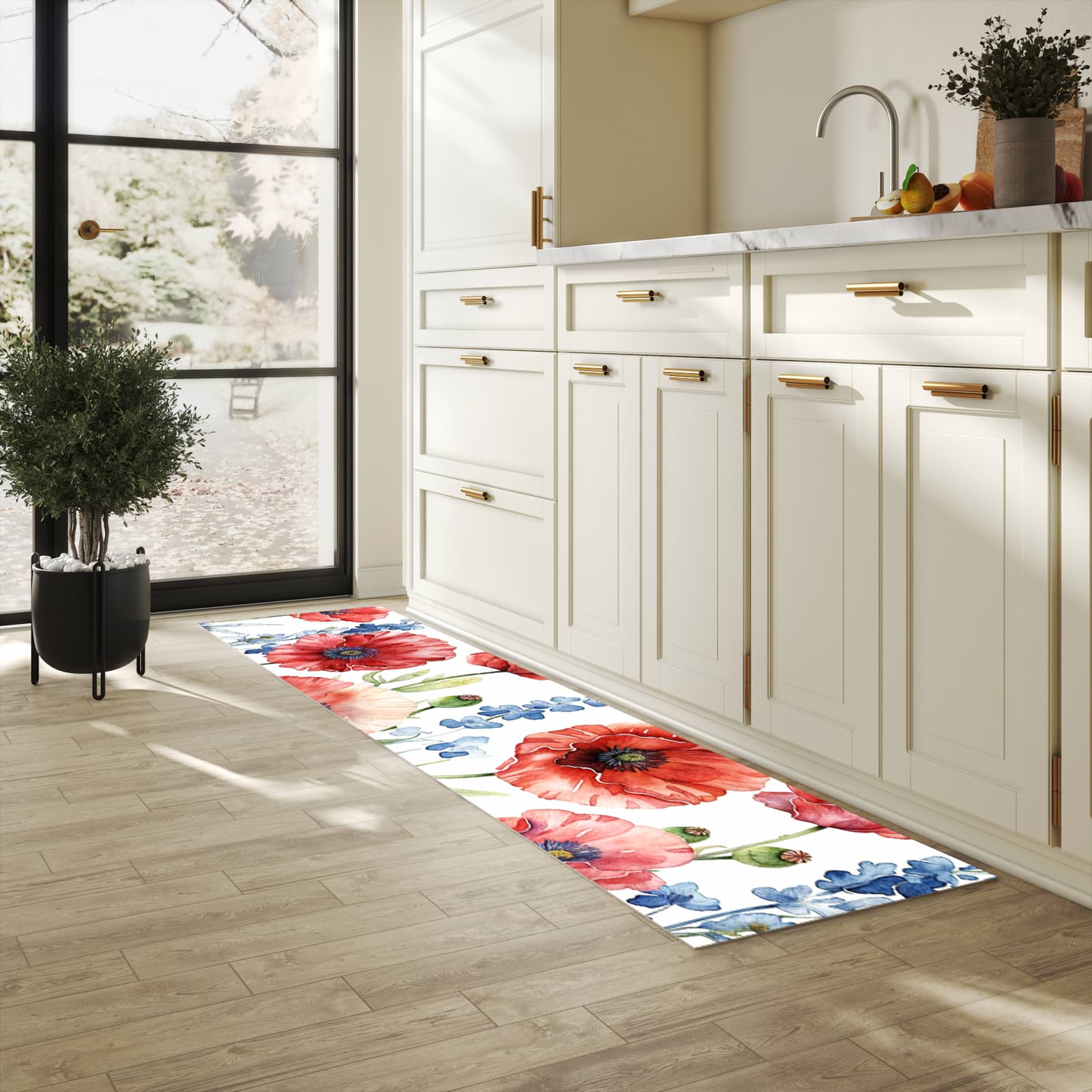 Waschbarer Küchenteppich mit Motiv Blumenwiese Kunstvoll für Trittkomfort in heller Küche