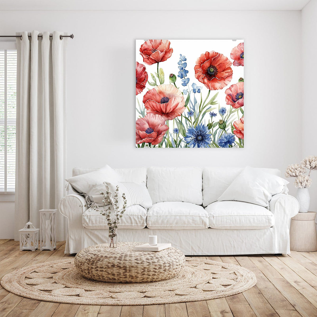Aquarell mit rotem Klatschmohn und blauen Kornblumen auf weißem Grund