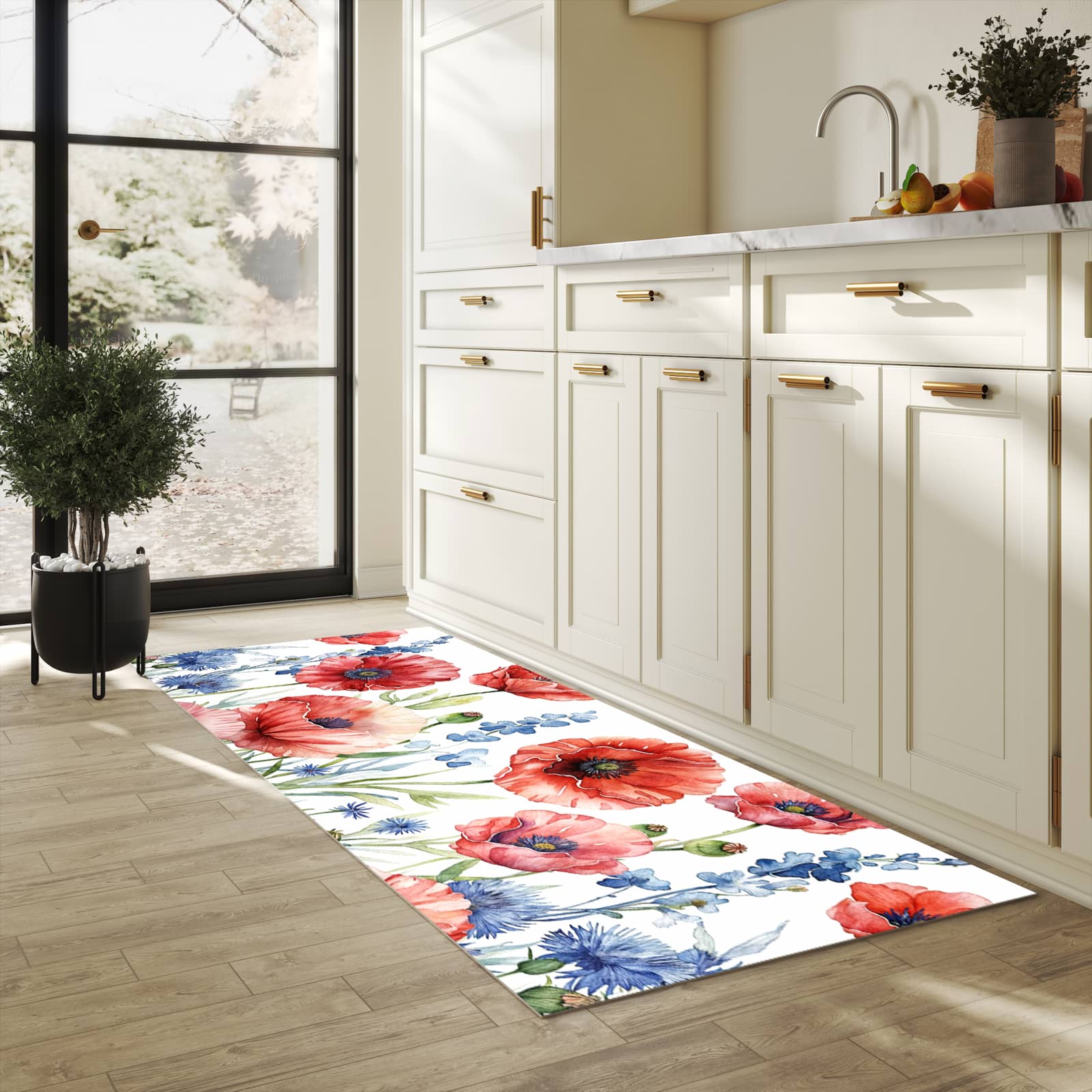 Komfortabler Läufer mit Motiv Blumenwiese Kunstvoll in heller Küche für rutschfesten Stand