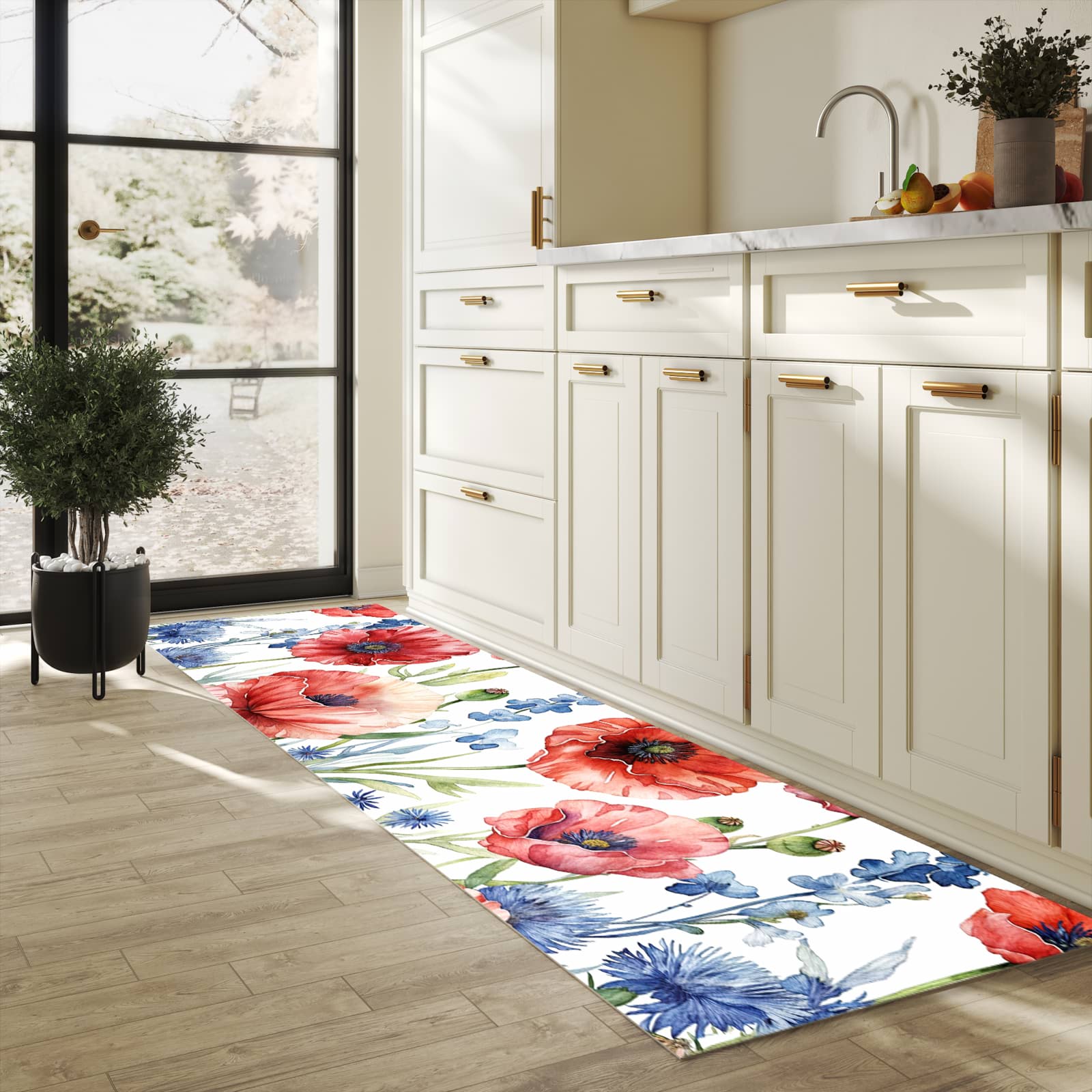 Flacher Küchenläufer mit Motiv Blumenwiese Kunstvoll in heller Küche für lange Teppiche