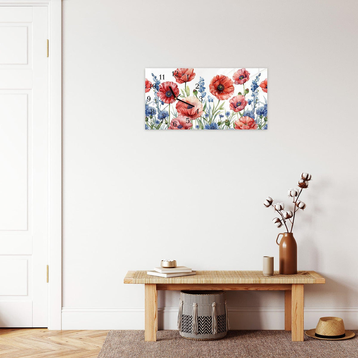 Moderne Wanduhr aus Glas mit Farbtiefe – Wanduhr Blumenwiese Kunstvoll aus Glas – Querformat 60 × 30 cm