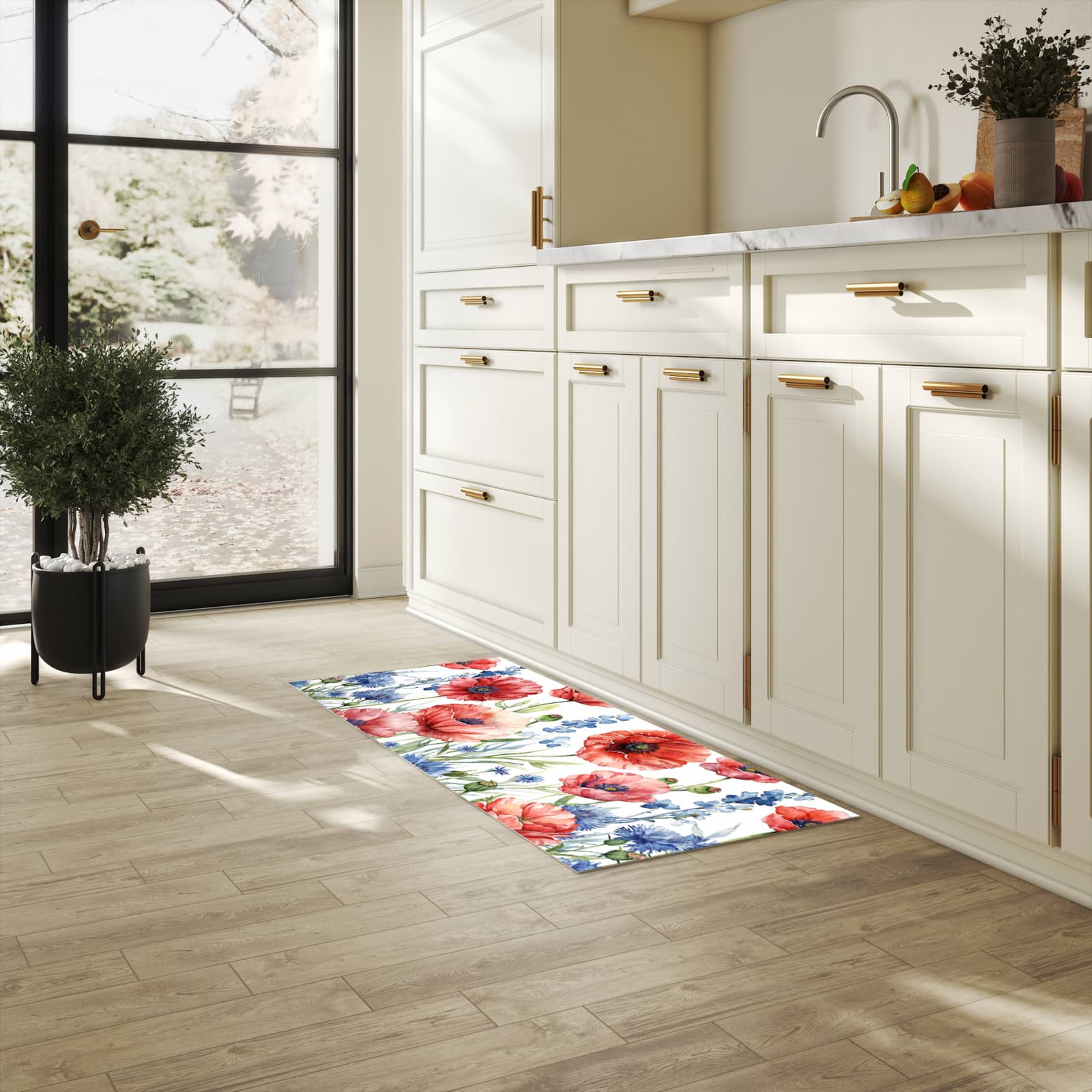 Geräuschdämpfender Küchenläufer mit Motiv Blumenwiese Kunstvoll in heller Küche