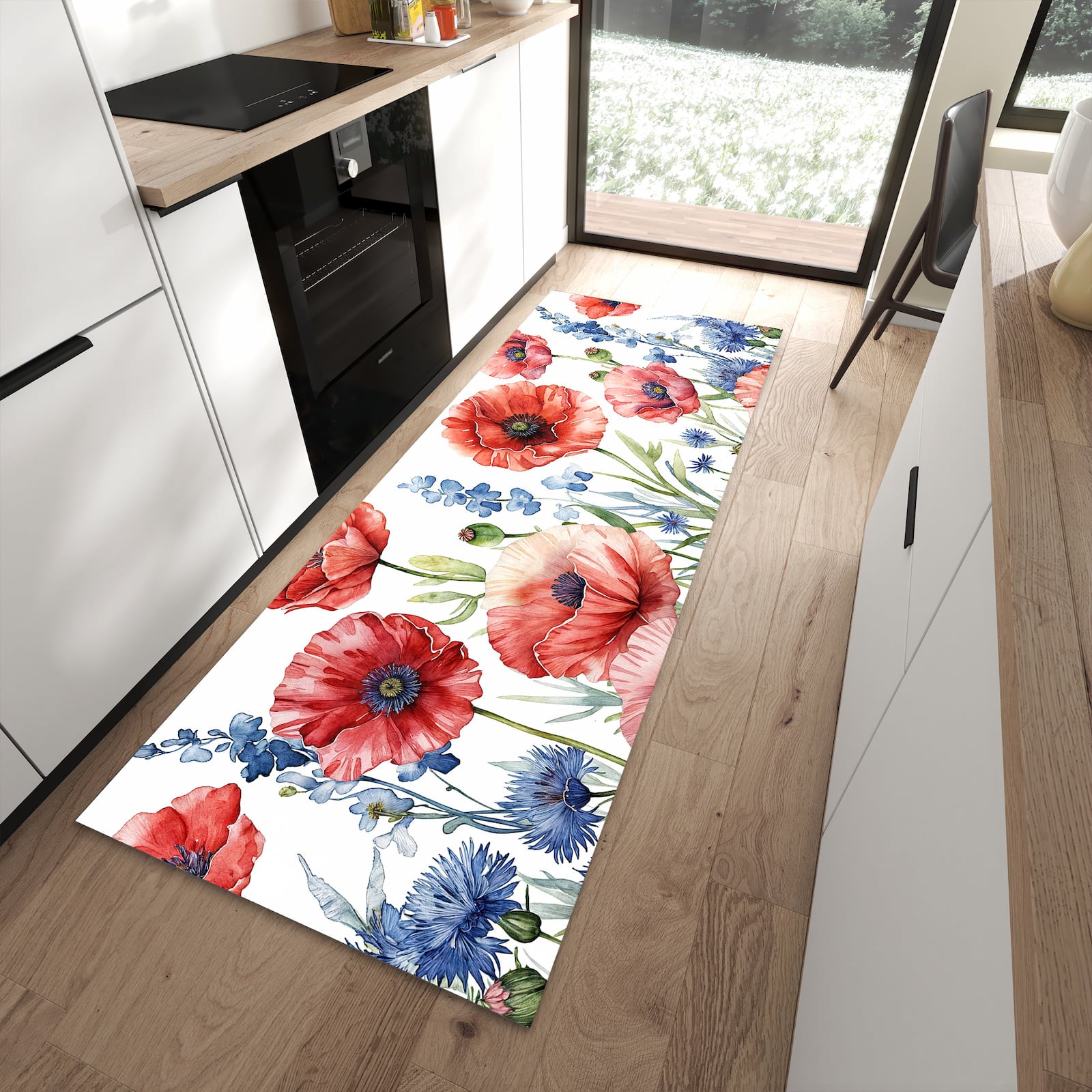 Waschbarer Küchenläufer mit Motiv Blumenwiese Kunstvoll in moderner Küche