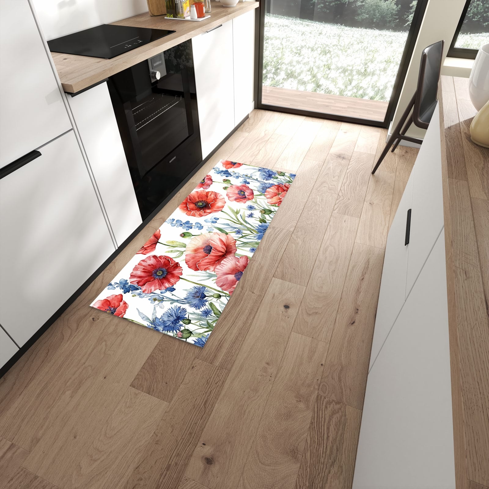 Schmutzabweisender Teppich für die Küche mit Motiv Blumenwiese Kunstvoll in moderner Küche #grösse_60 x 150 cm