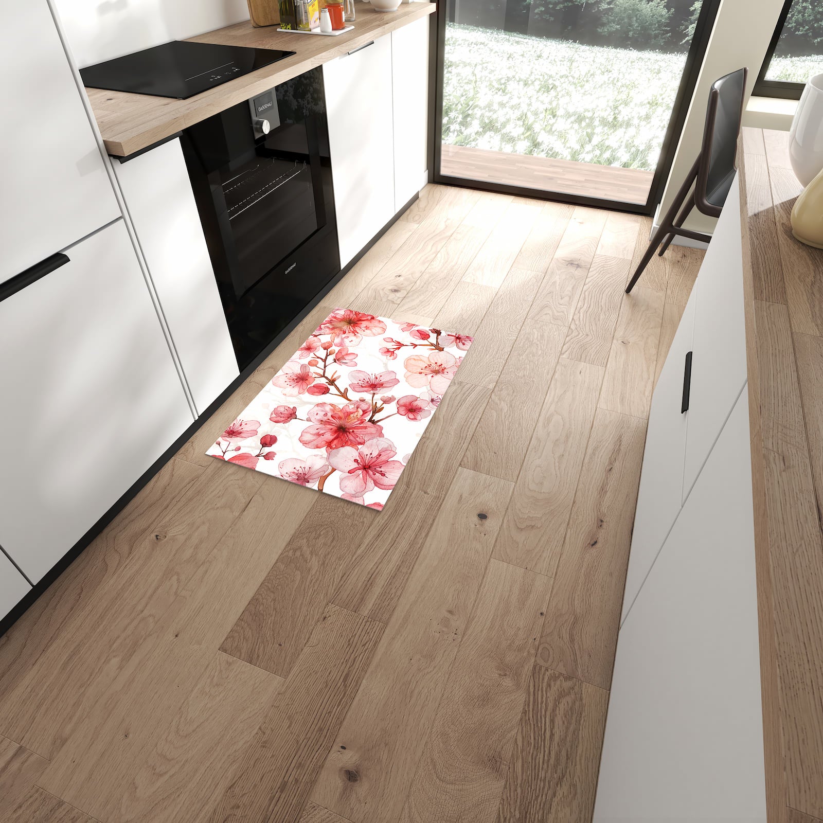 Waschbarer Küchenläufer mit Motiv Blumenmuster Blüten in moderner Küche für sichere Aufbewahrung