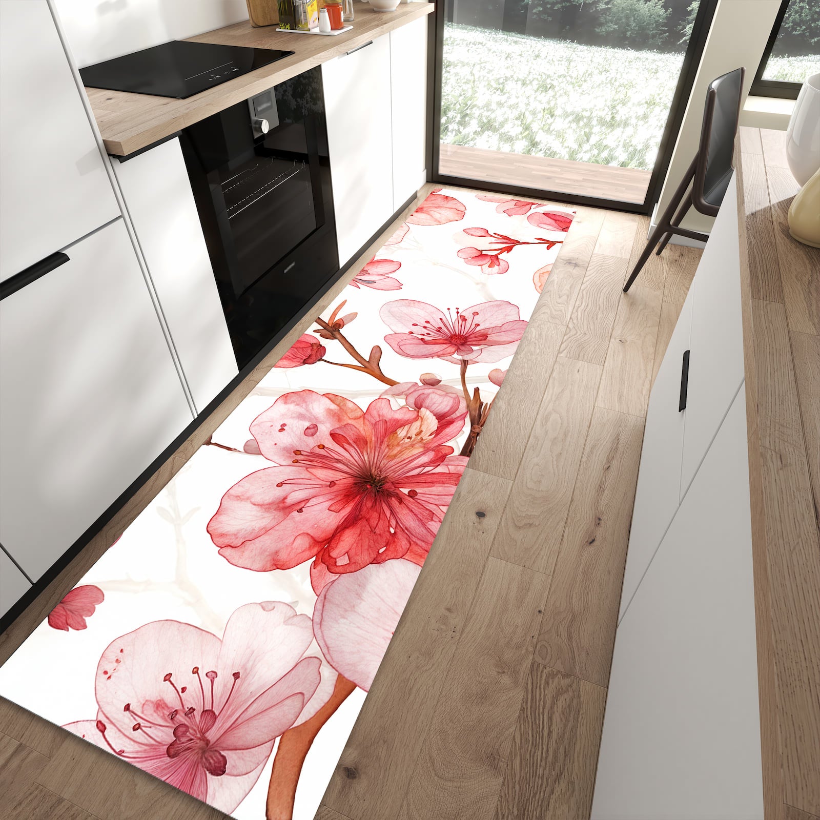 UV-beständiger Küchenteppich mit Motiv Blumenmuster Blüten in moderner Küche