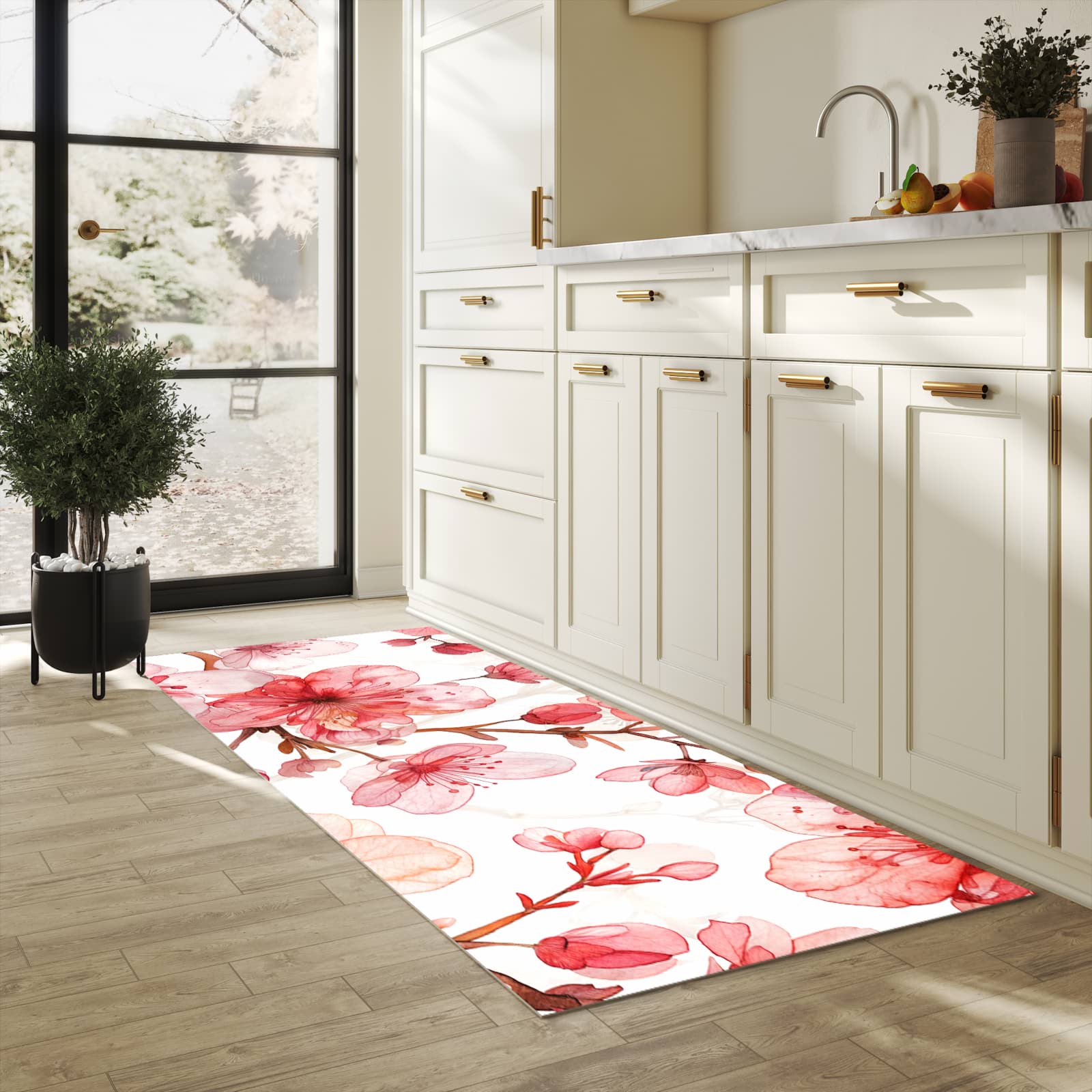 Küchenläufer mit Motiv Blumenmuster Blüten in heller Küche für sichere Aufbewahrung