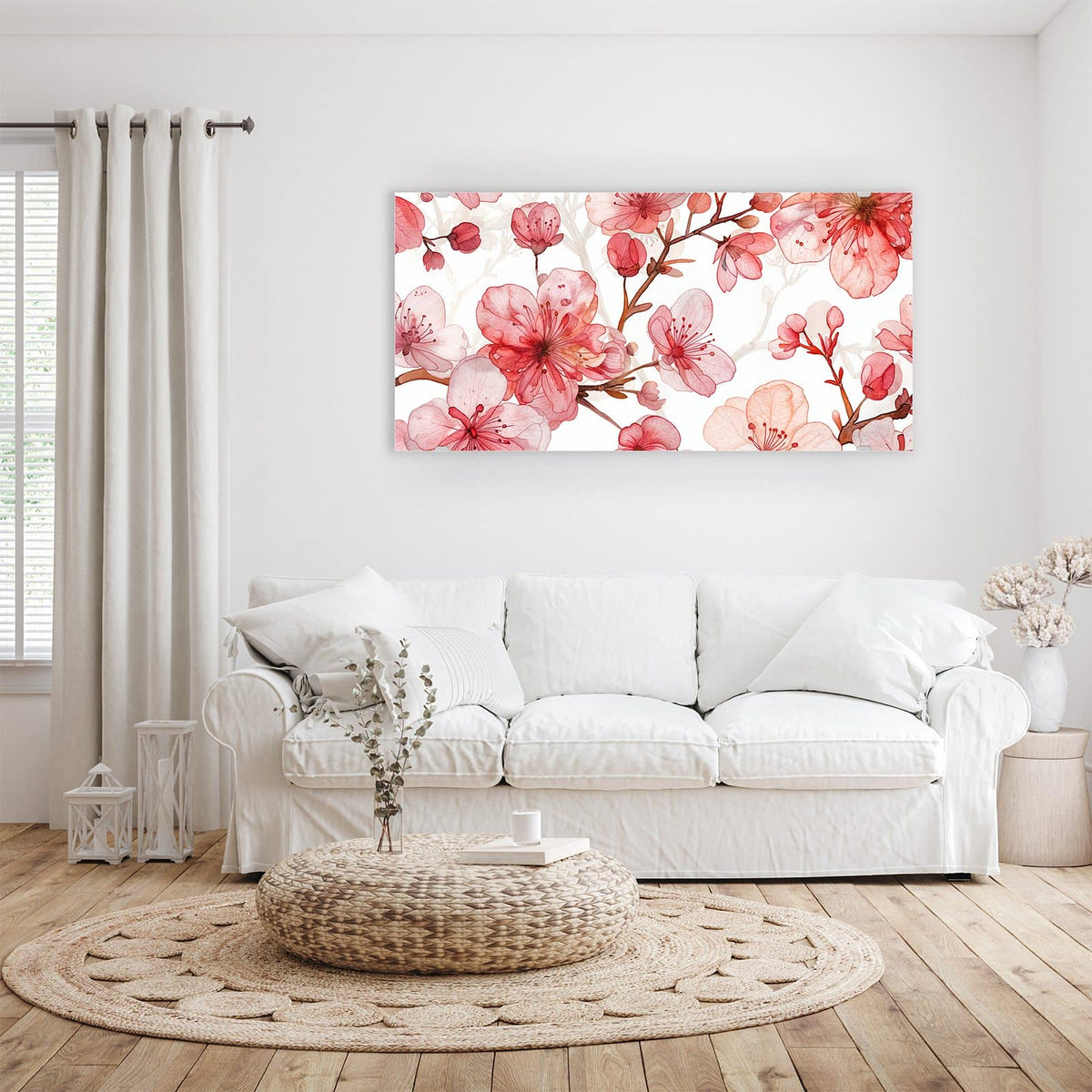 Wandbild - Kirschblüten in Aquarell - Querformat – Kirschblüten in Koralle und Altrosa