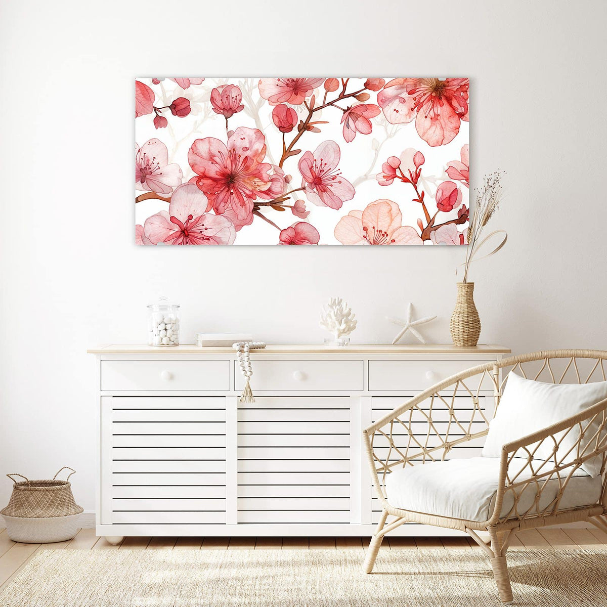 Echtglas, 4 mm – kein Acryl, keine Folie – Wandbild - Kirschblüten in Aquarell - Querformat