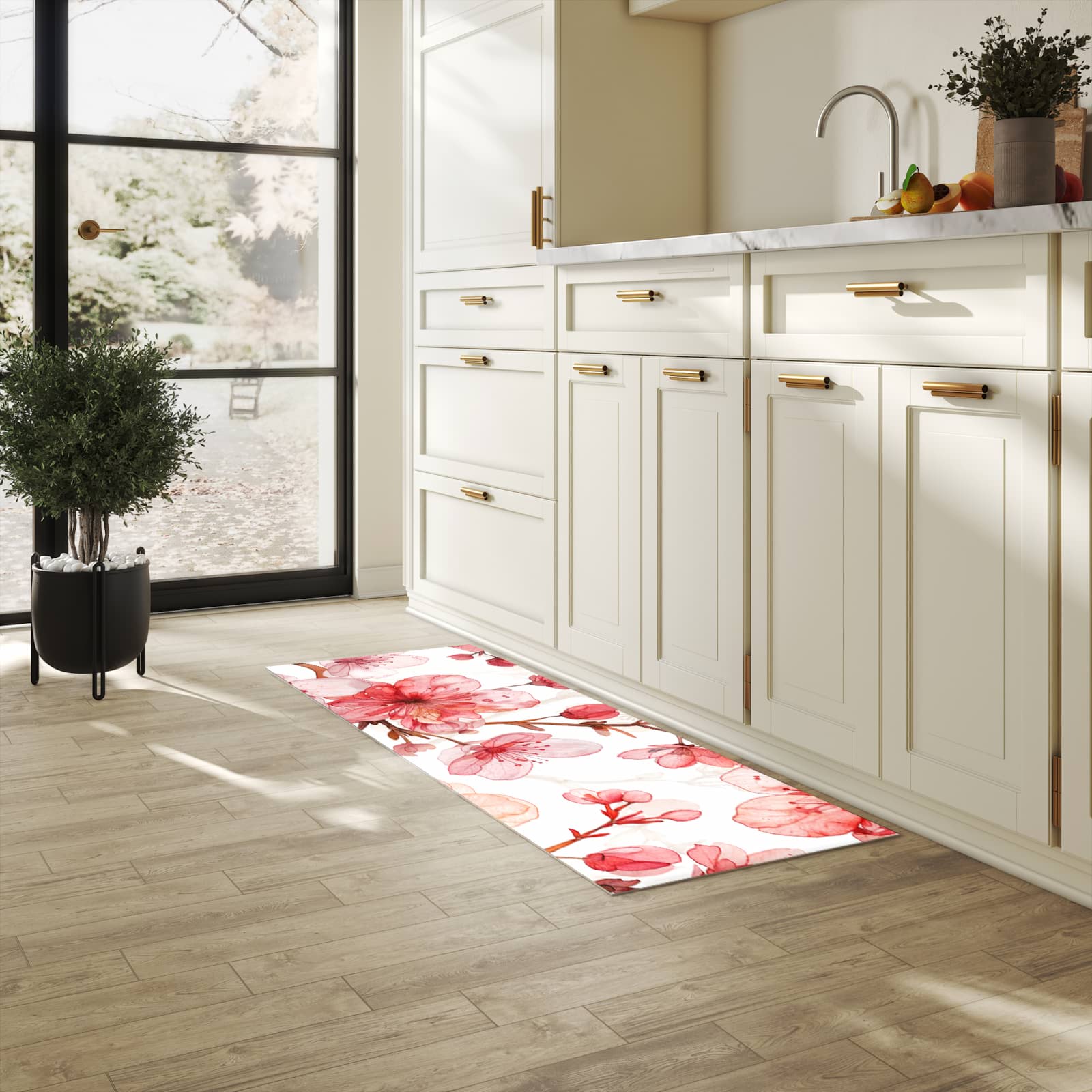 Strapazierfähiger abwaschbarer Küchenläufer mit Motiv Blumenmuster Blüten in heller Küche