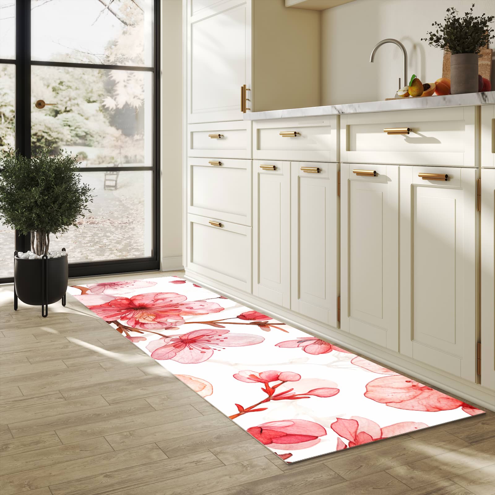 Bodenschonender Küchenteppich mit Motiv Blumenmuster Blüten in heller Küche