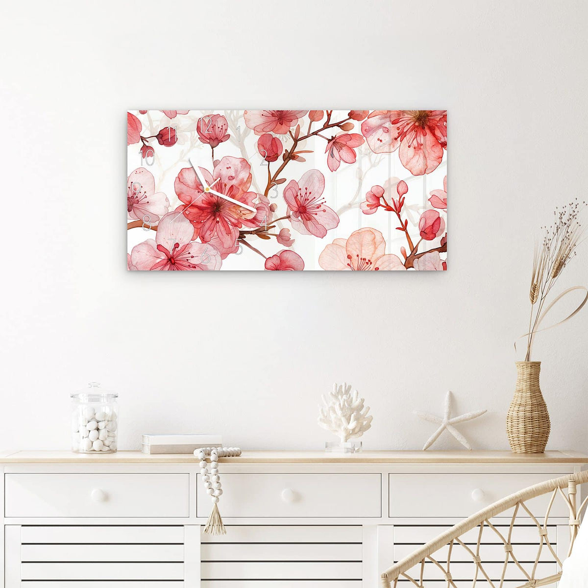 Wanduhr Blumenmuster Blüten aus Glas – Querformat 60 × 30 cm – Zartrosa Kirschblüten auf Cremeweiß