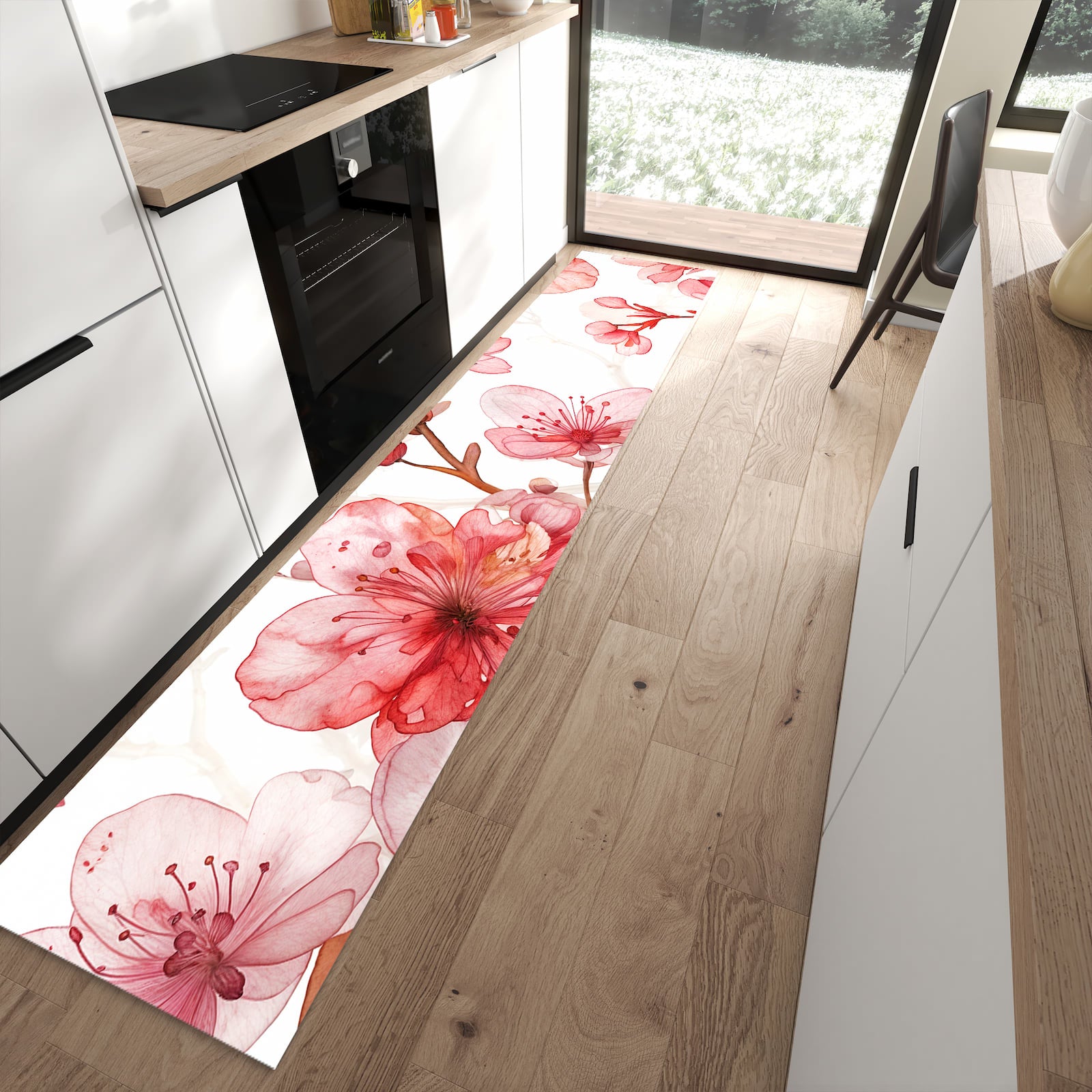 Formstabiler Küchenläufer nach Maß mit Motiv Blumenmuster Blüten in moderner Küche