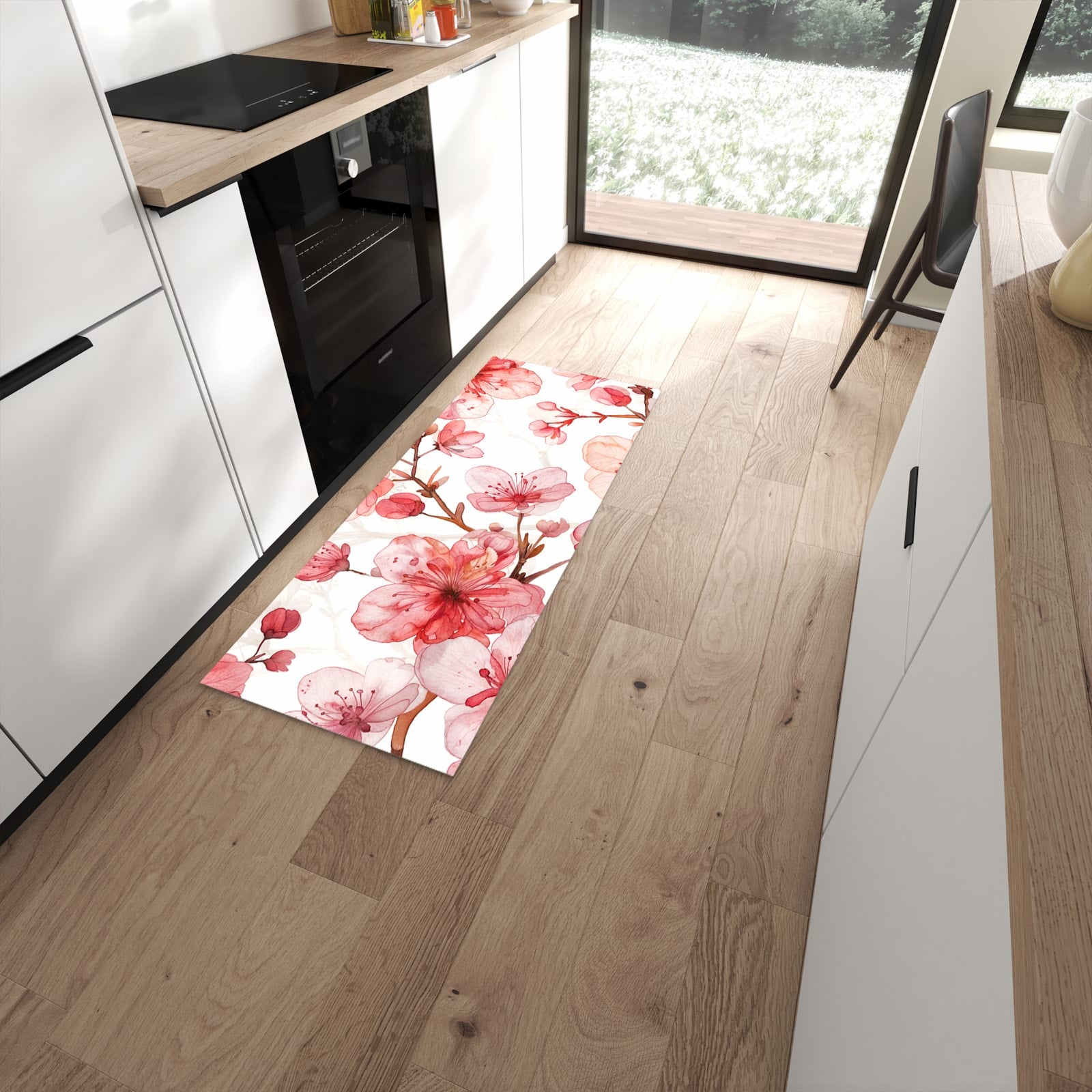 Bodenschonender rutschfester Küchenläufer mit Motiv Blumenmuster Blüten in moderner Küche #grösse_60 x 150 cm