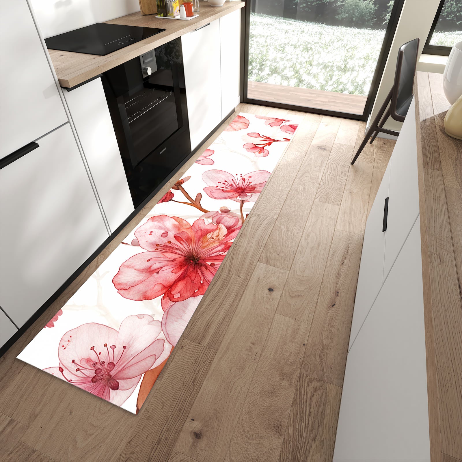 Farbbeständiger Küchenläufer mit Motiv Blumenmuster Blüten in moderner Küche