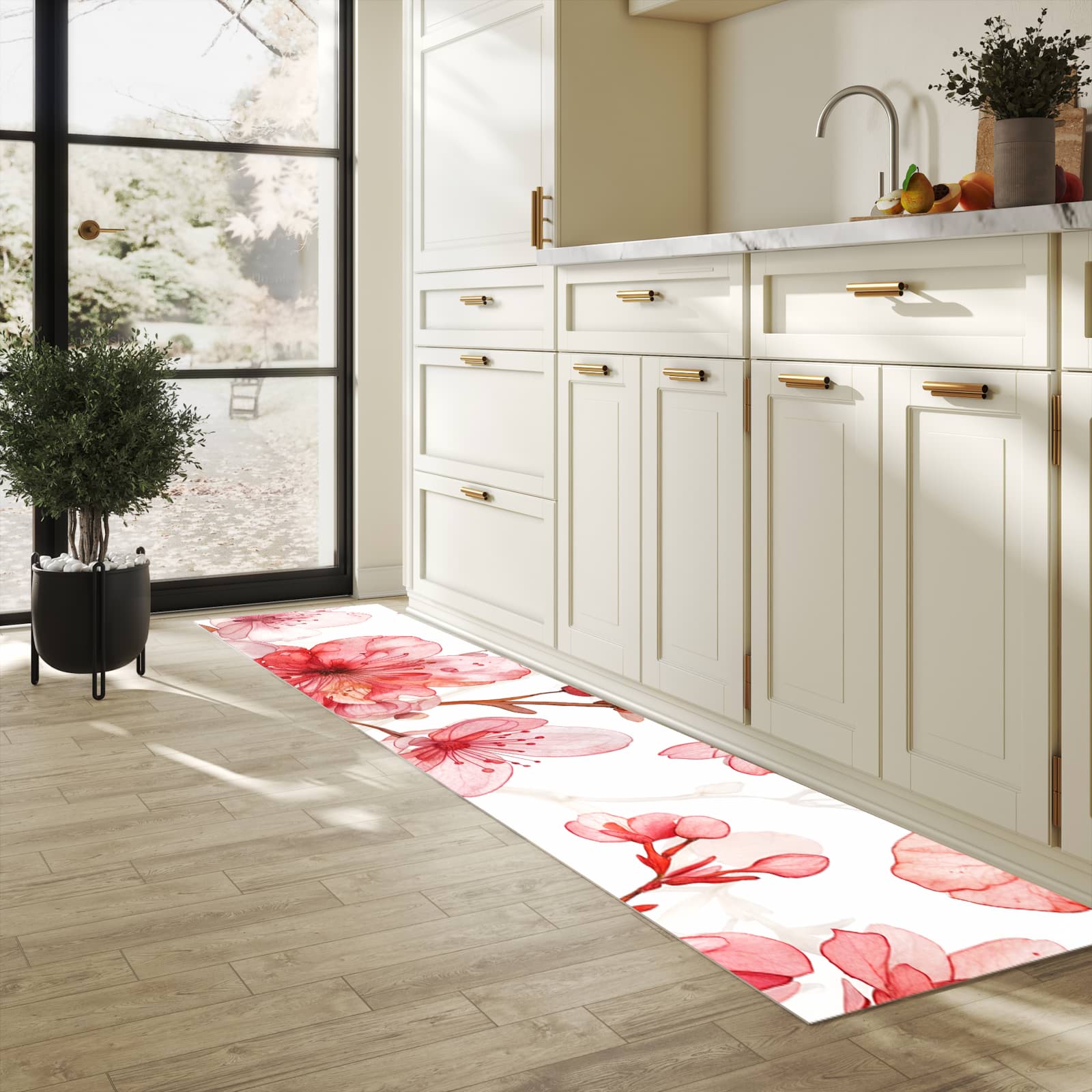 Rutschfester Küchenteppich mit Motiv Blumenmuster Blüten in heller Küche