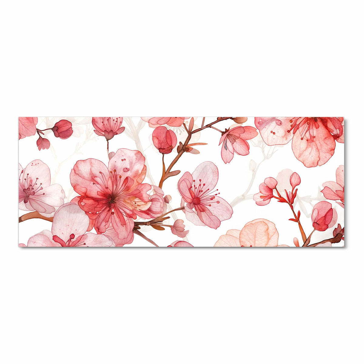 Aquarellierte Kirschblüten in Korall- und Altrosa auf reinweißem Grund.