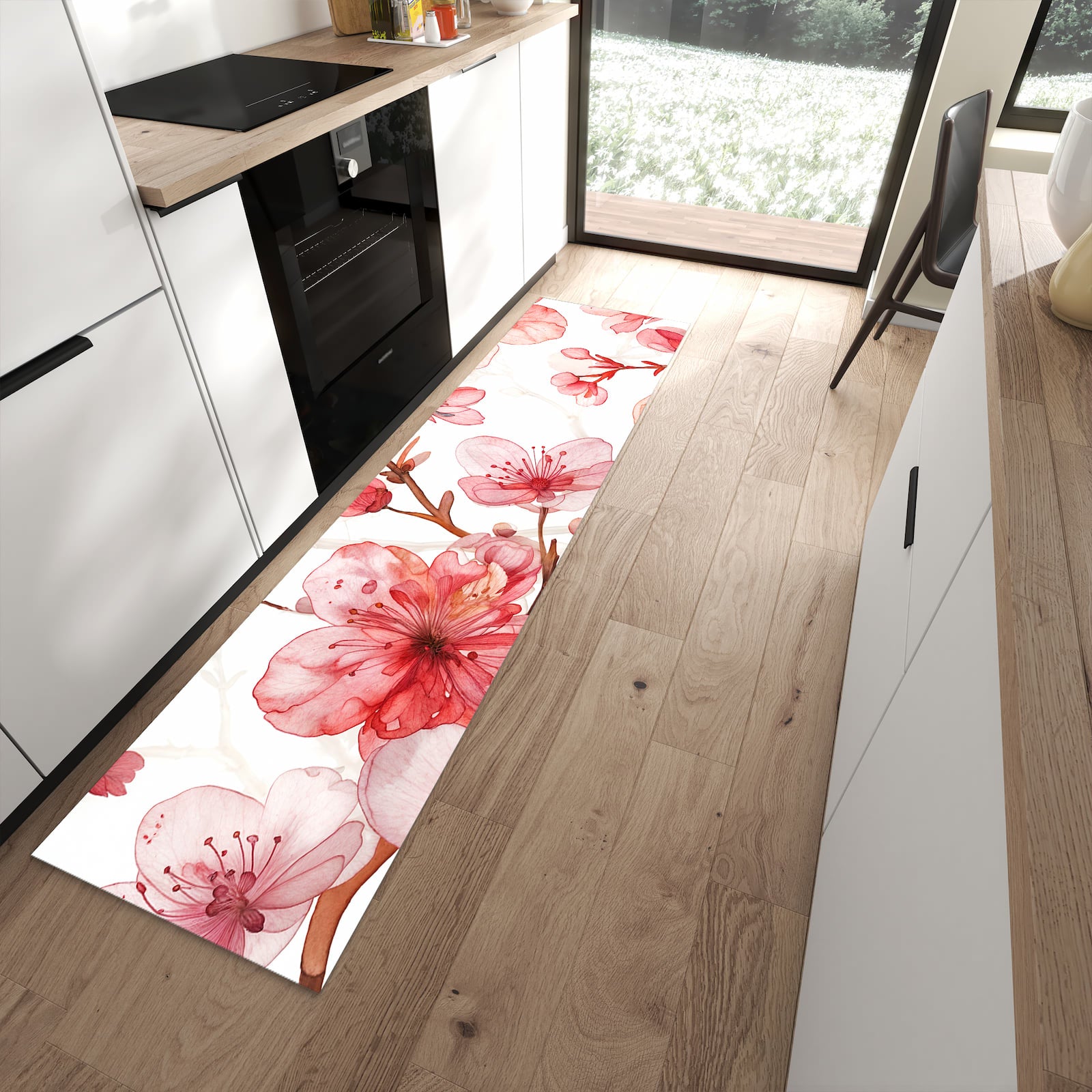 Bodenschonender rutschfester Küchenläufer mit Motiv Blumenmuster Blüten in moderner Küche