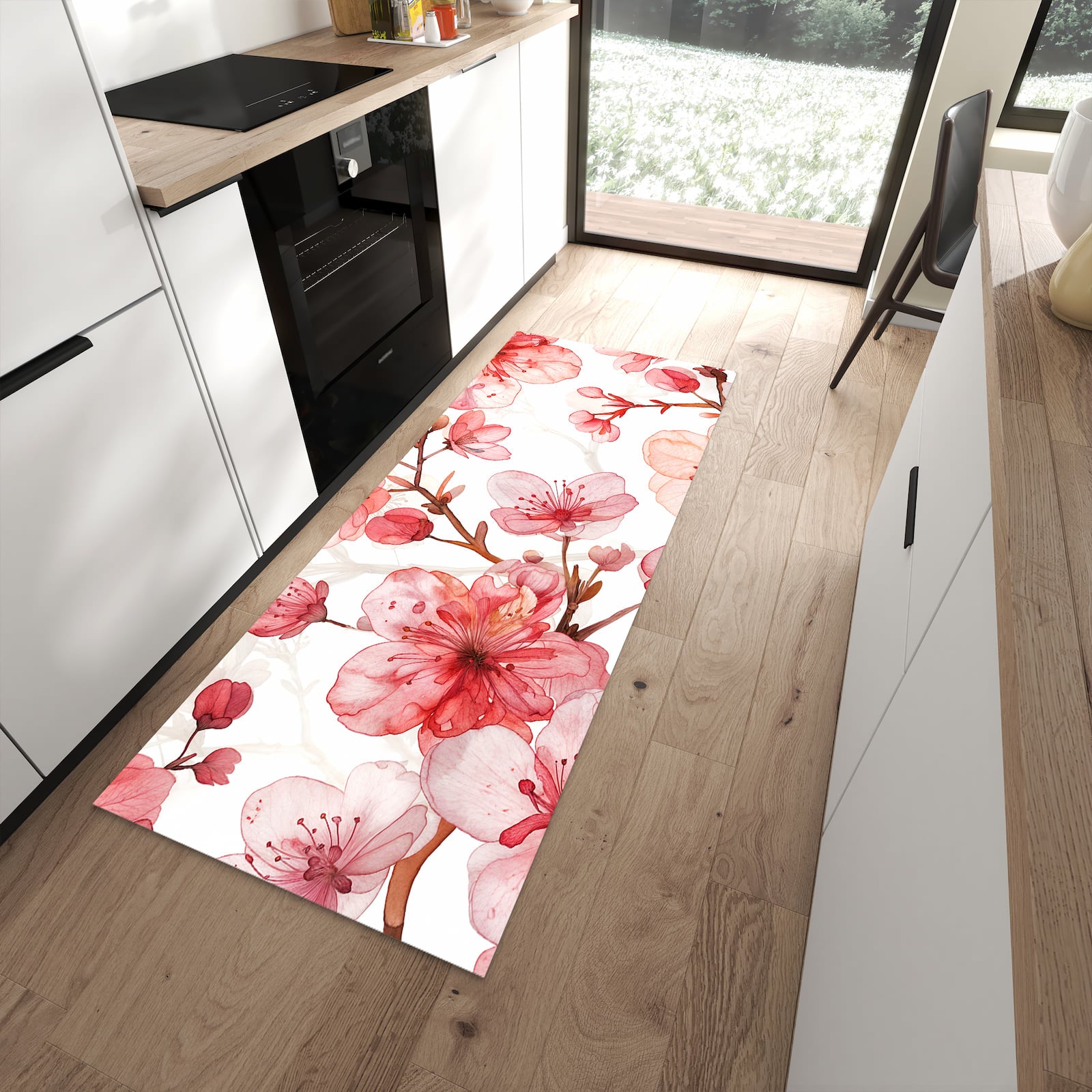 Zeitsparender moderner Küchenläufer mit Motiv Blumenmuster Blüten in moderner Küche