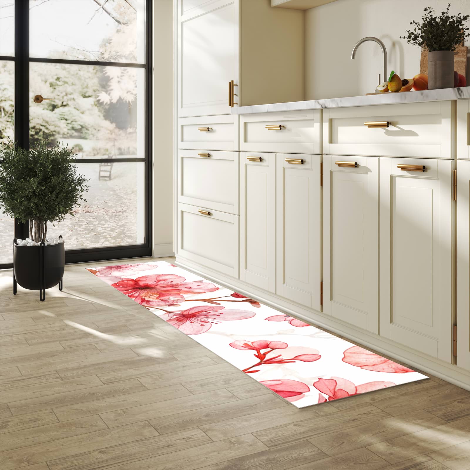 Langlebiger Küchenläufer mit Motiv Blumenmuster Blüten in heller Küche