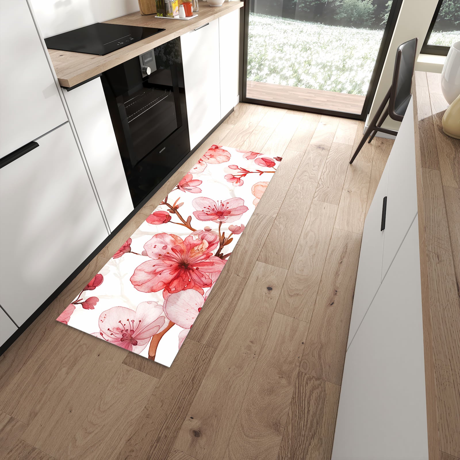 Waschbarer Küchenläufer mit Motiv Blumenmuster Blüten für Ordnung in moderner Küche