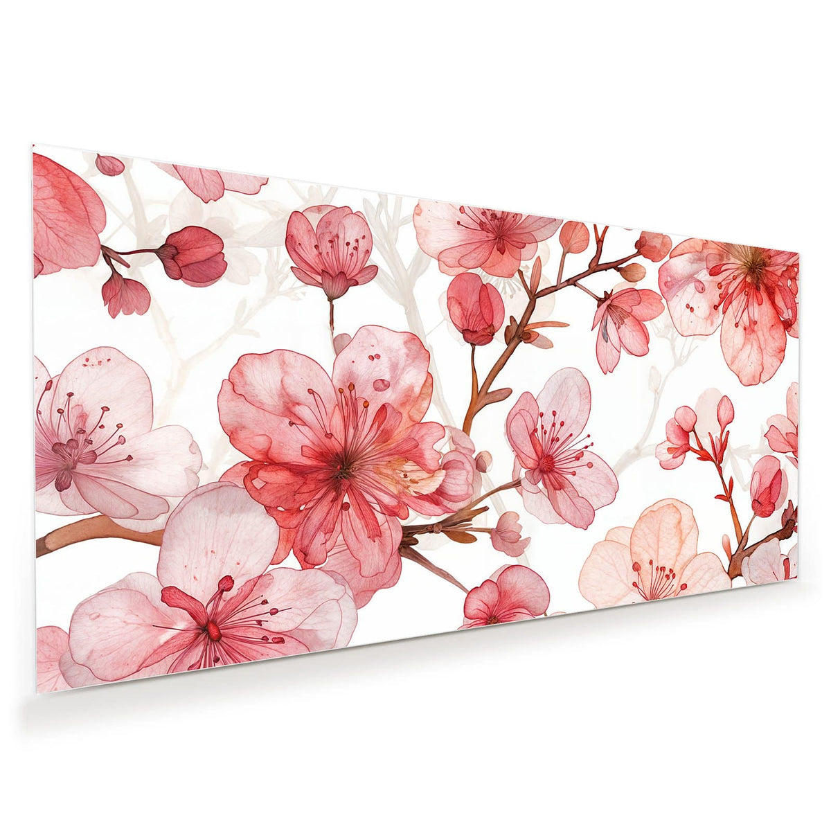 Aquarellierte Kirschblüten in Korall- und Altrosa auf reinweißem Grund.