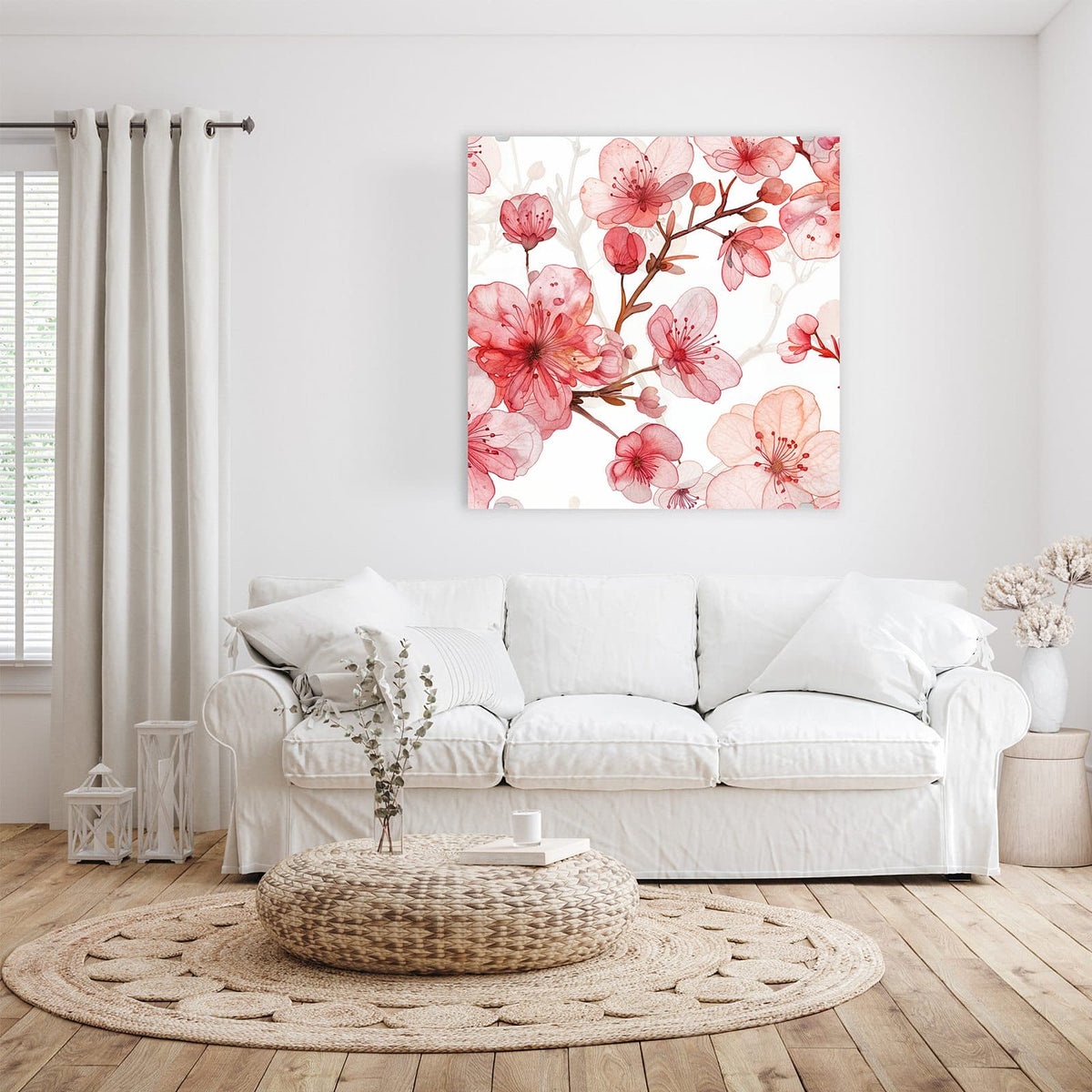 Glasbild Kirschblüten in Aquarell an der Wand – Aquarellierte Kirschblüten in Korall- und Altrosa auf reinweißem Grund.