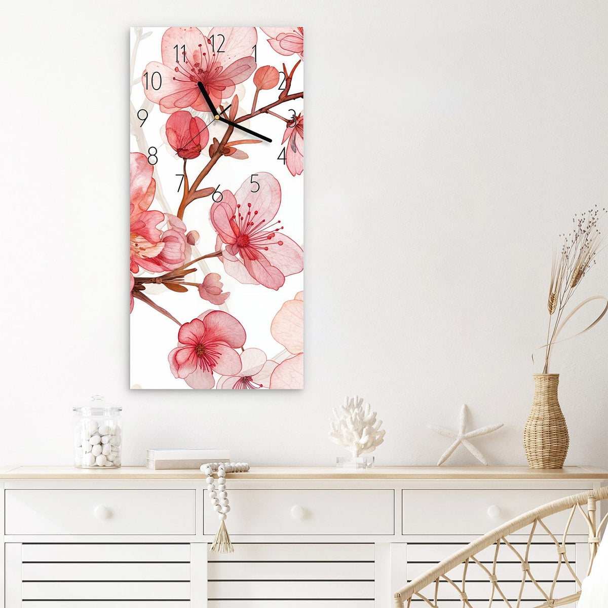 Wanduhr Blumenmuster Blüten aus Glas – Zartrosa Kirschblüten auf Cremeweiß