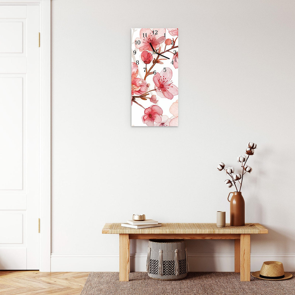 Moderne Wanduhr aus Glas mit Farbtiefe – Wanduhr Blumenmuster Blüten aus Glas – Hochformat 30 × 60 cm