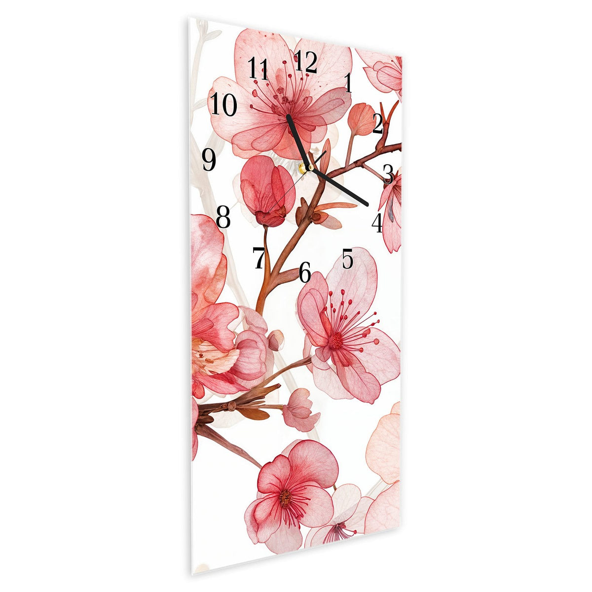 Vormontiert – mit Schwebeeffekt – Wanduhr Blumenmuster Blüten aus Glas – Hochformat 30 × 60 cm