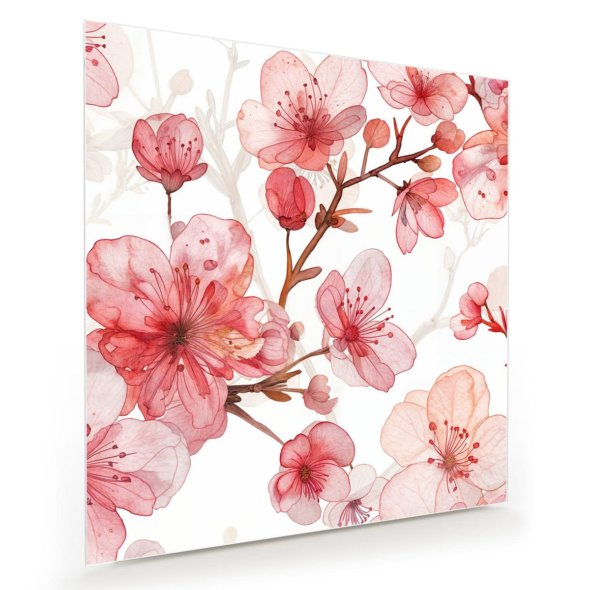 Aquarellierte Kirschblüten in Korall- und Altrosa auf reinweißem Grund.