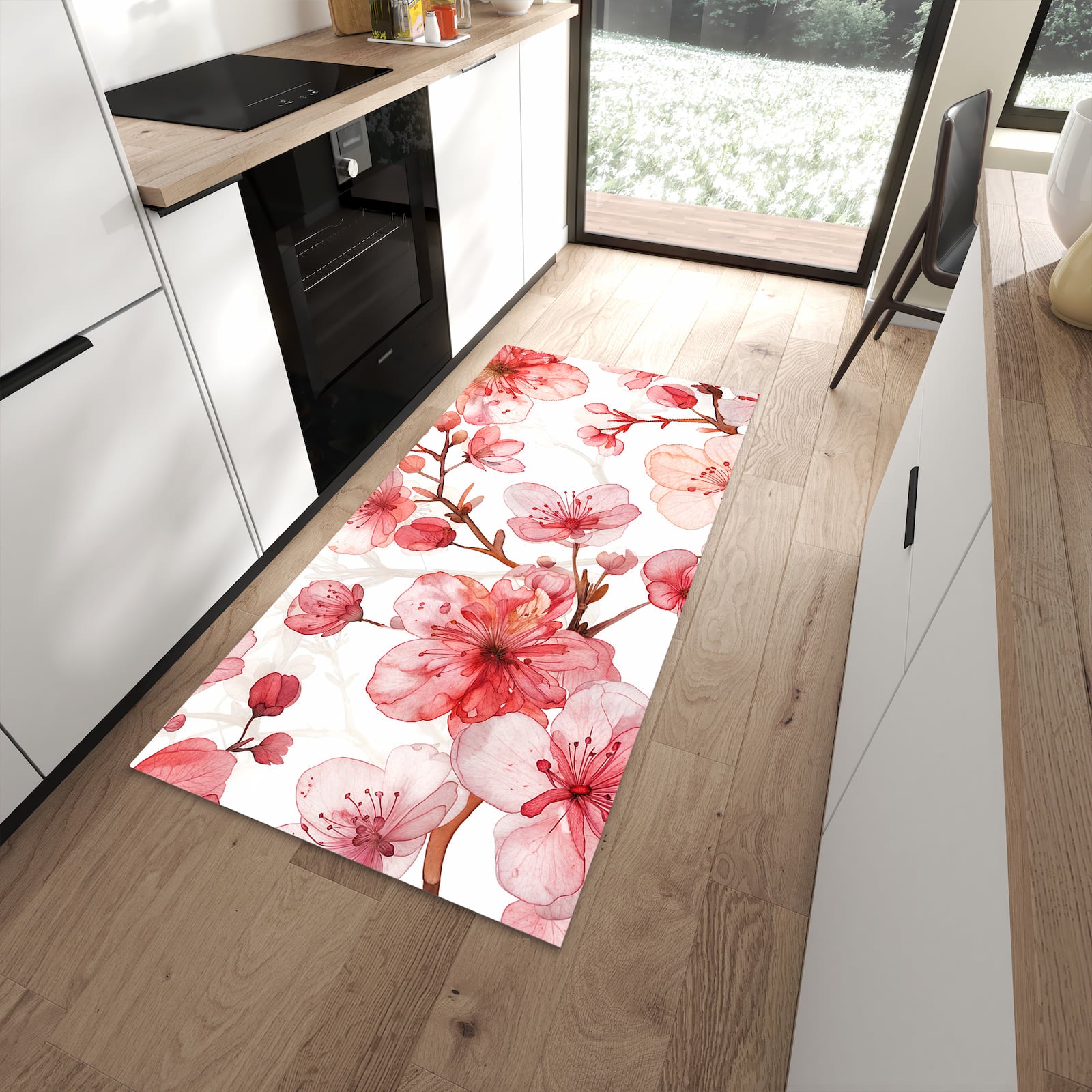 Komfortabler Küchenteppich mit Motiv Blumenmuster Blüten in moderner Küche