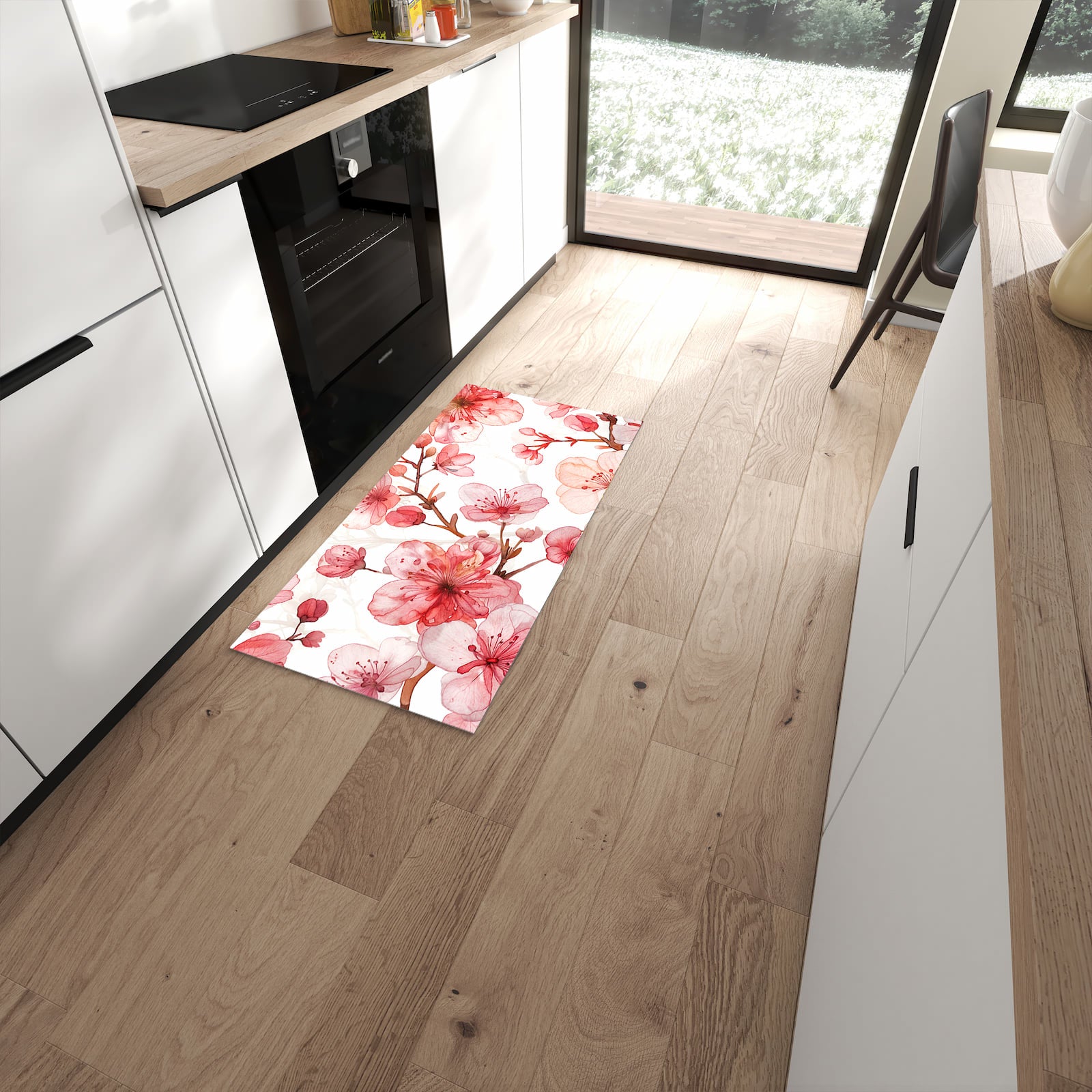 Feuchtigkeitsresistenter rutschfester Küchenläufer mit Motiv Blumenmuster Blüten in moderner Küche #grösse_60 x 120 cm