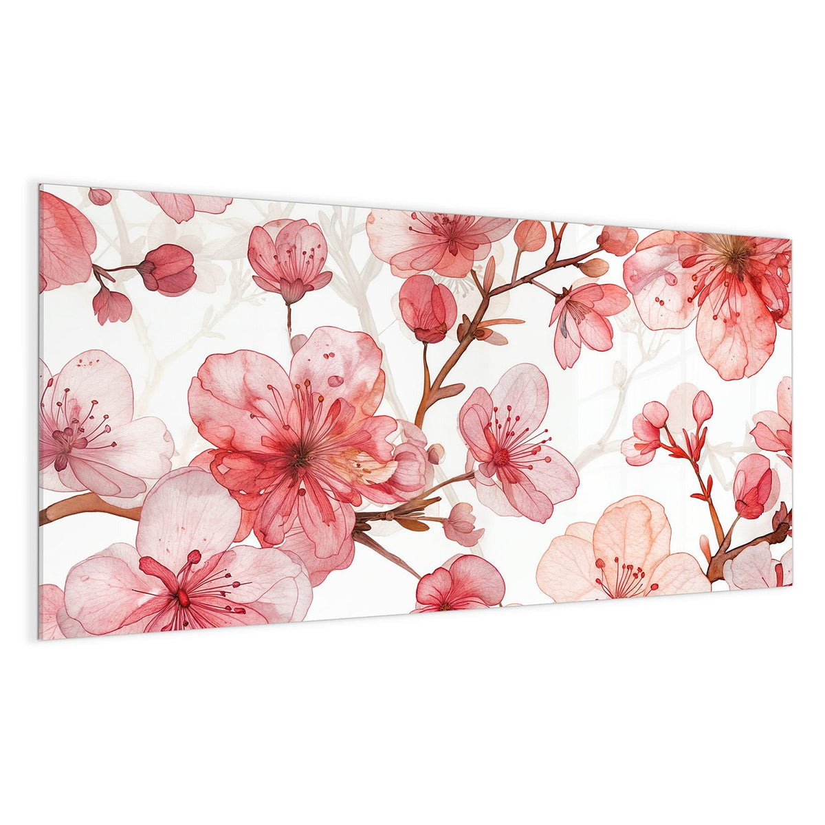 Aquarellierte Kirschblüten in Korall- und Altrosa auf reinweißem Grund.