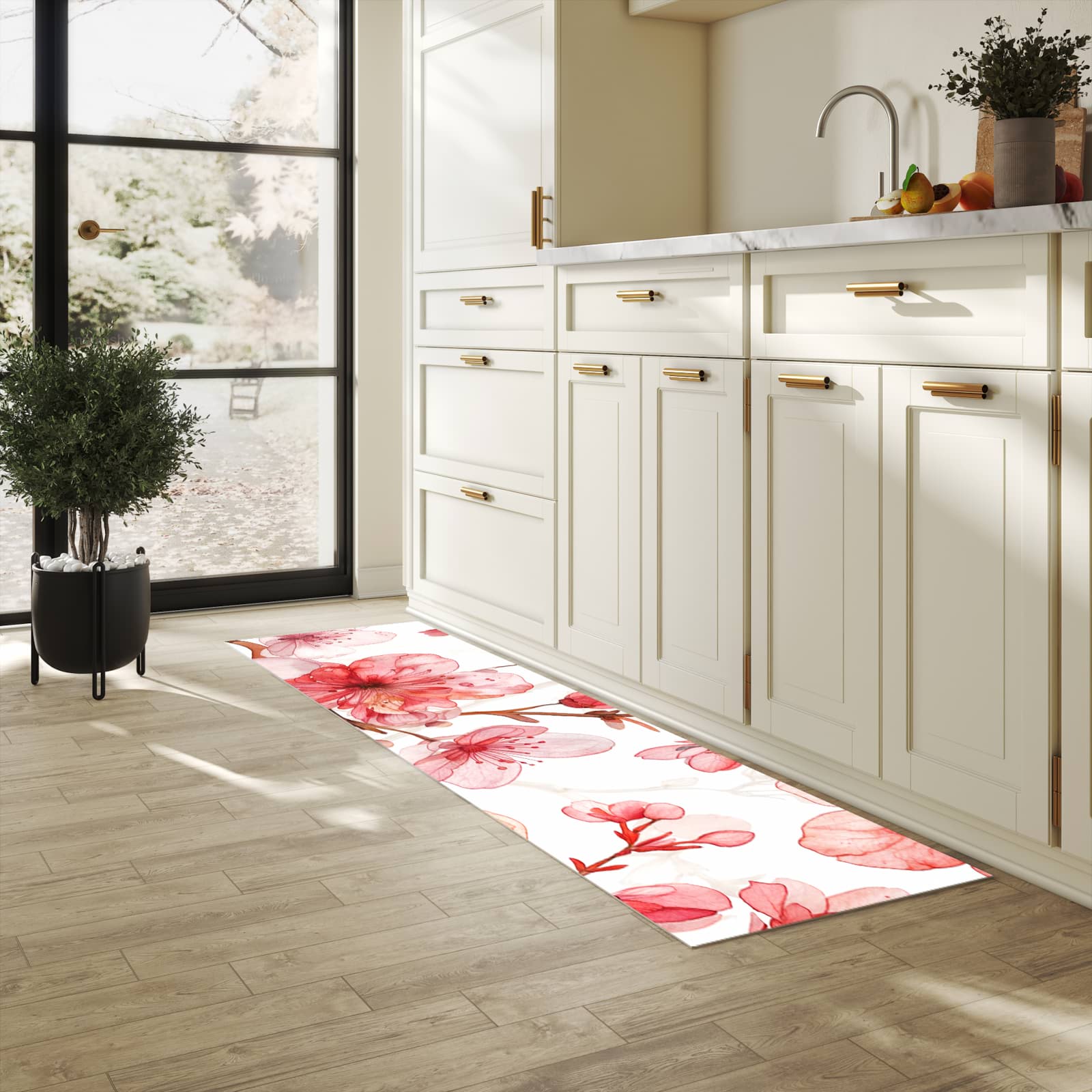 Abwaschbarer Küchenteppich mit Motiv Blumenmuster Blüten in heller Küche