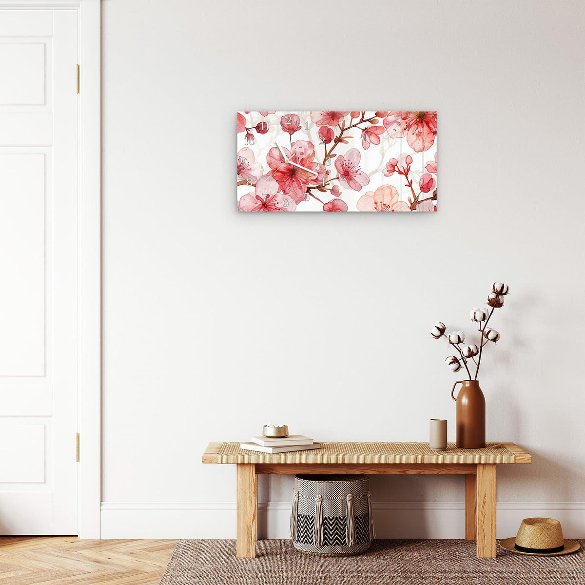 Moderne Wanduhr aus Glas mit Farbtiefe – Wanduhr Blumenmuster Blüten aus Glas – Querformat 60 × 30 cm
