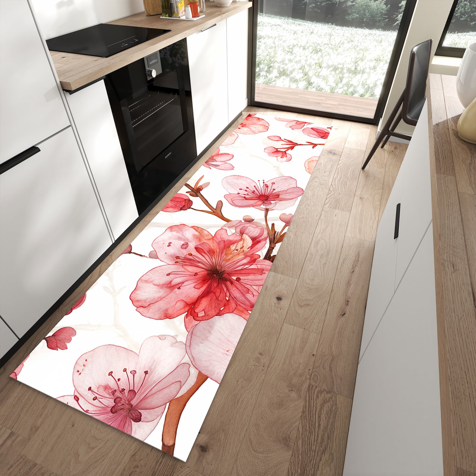 Abriebfester Küchenteppich mit Motiv Blumenmuster Blüten in moderner Küche