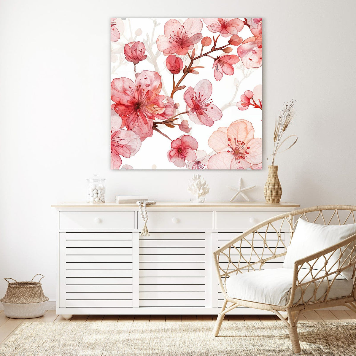 Glasbild Kirschblüten in Aquarell an der Wand – Aquarellierte Kirschblüten in Korall- und Altrosa auf reinweißem Grund.