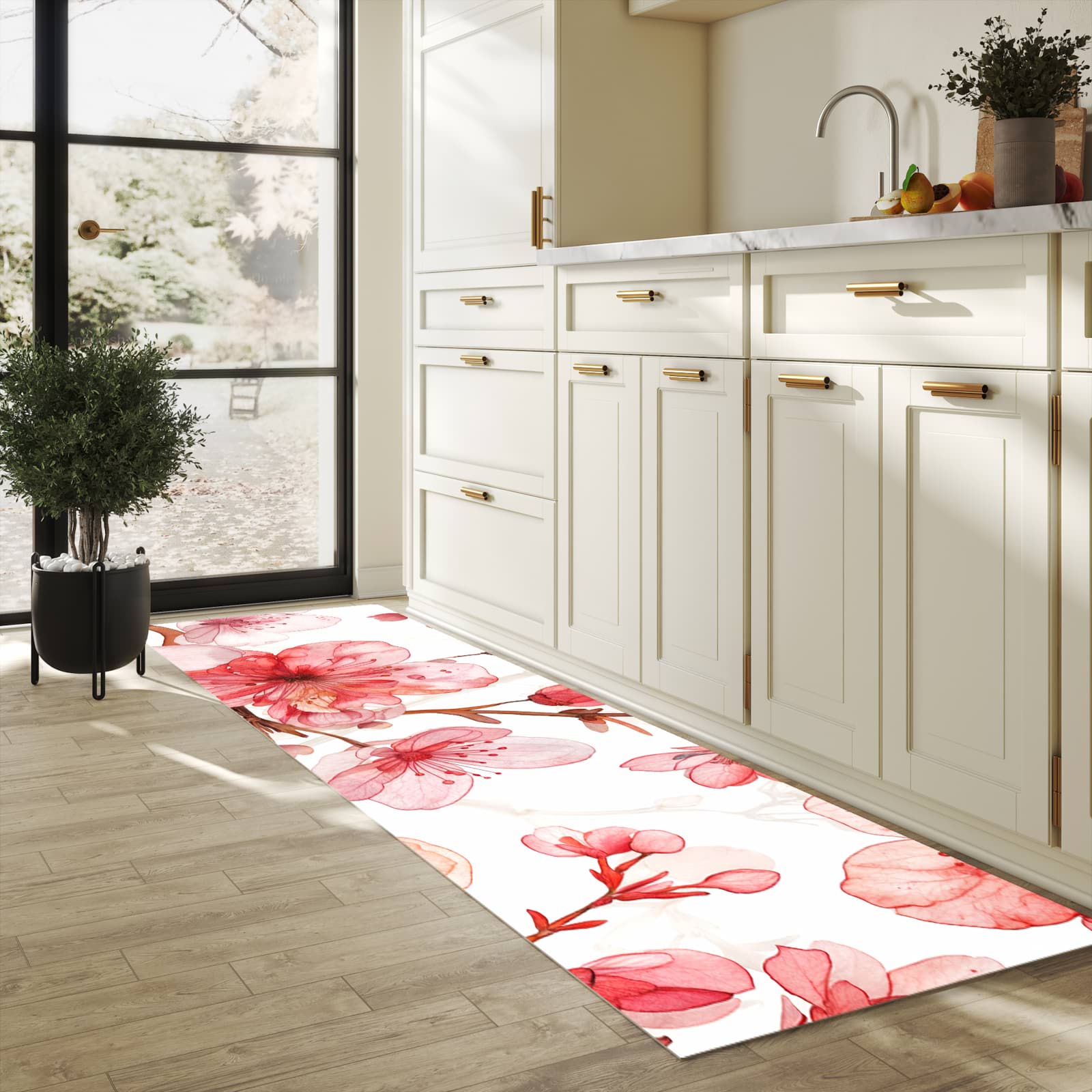 Farbbeständiger Küchenteppich mit Motiv Blumenmuster Blüten in heller Küche