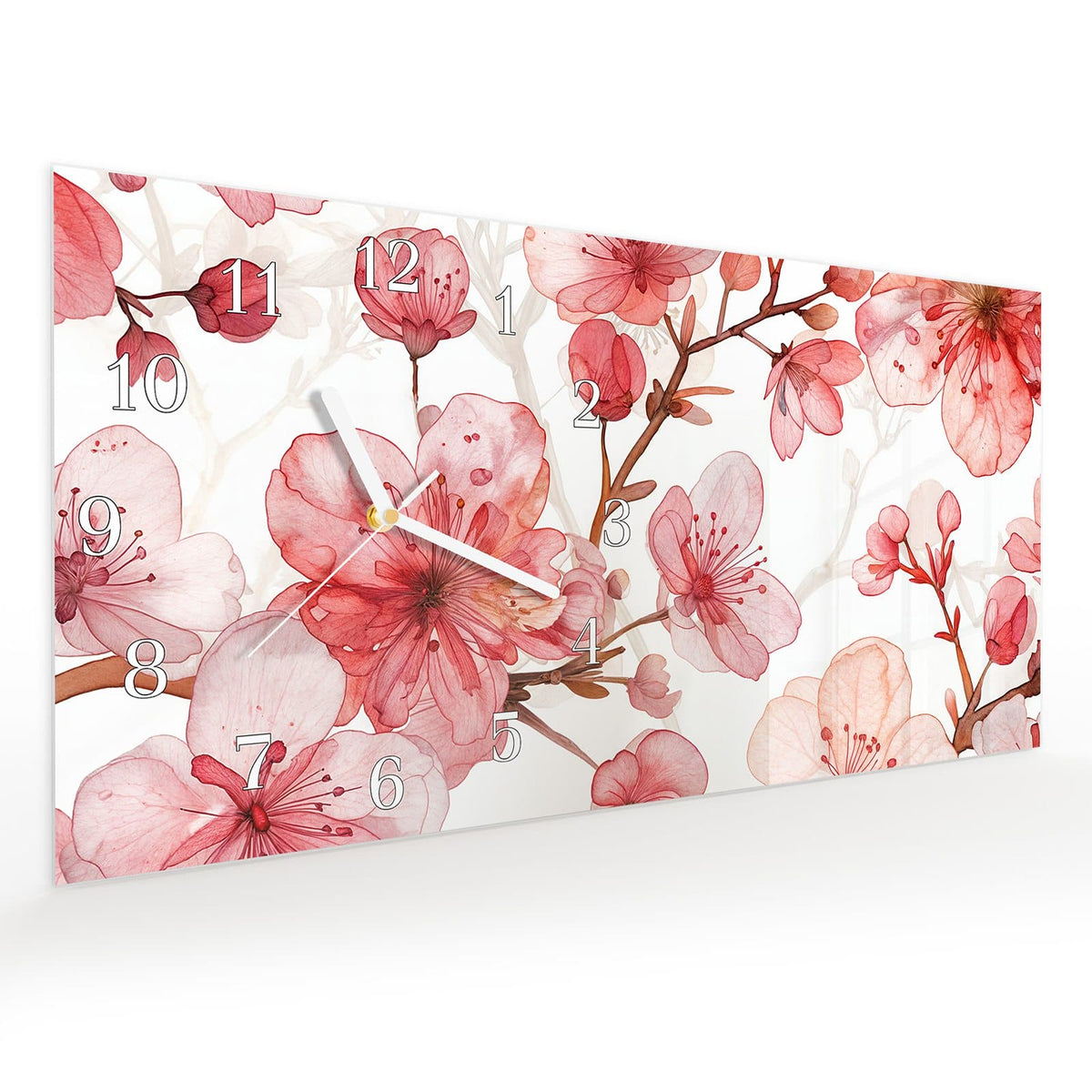 Vormontiert – mit Schwebeeffekt – Wanduhr Blumenmuster Blüten aus Glas – Querformat 60 × 30 cm