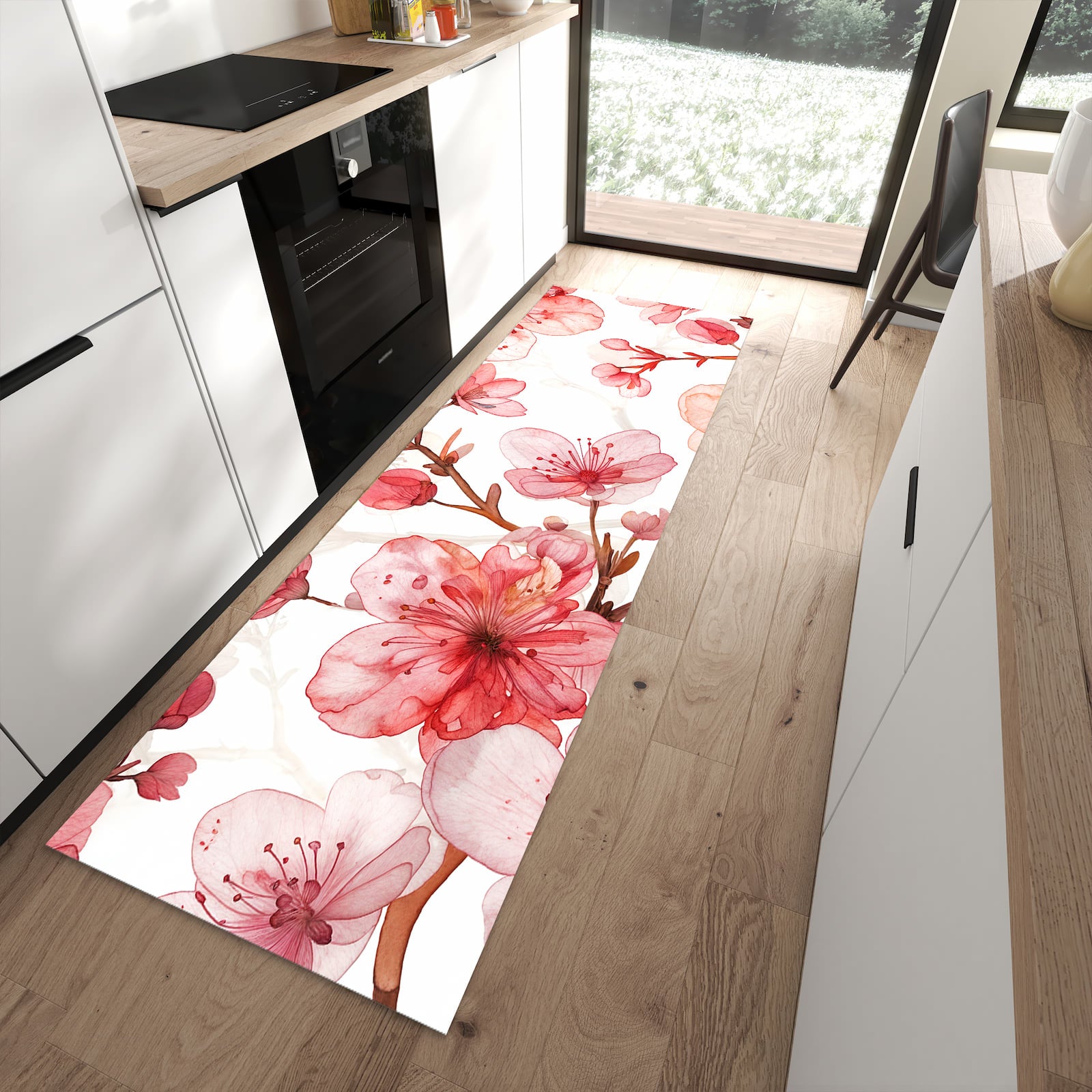 Geräuschdämpfender abwaschbarer Küchenläufer mit Motiv Blumenmuster Blüten in moderner Küche