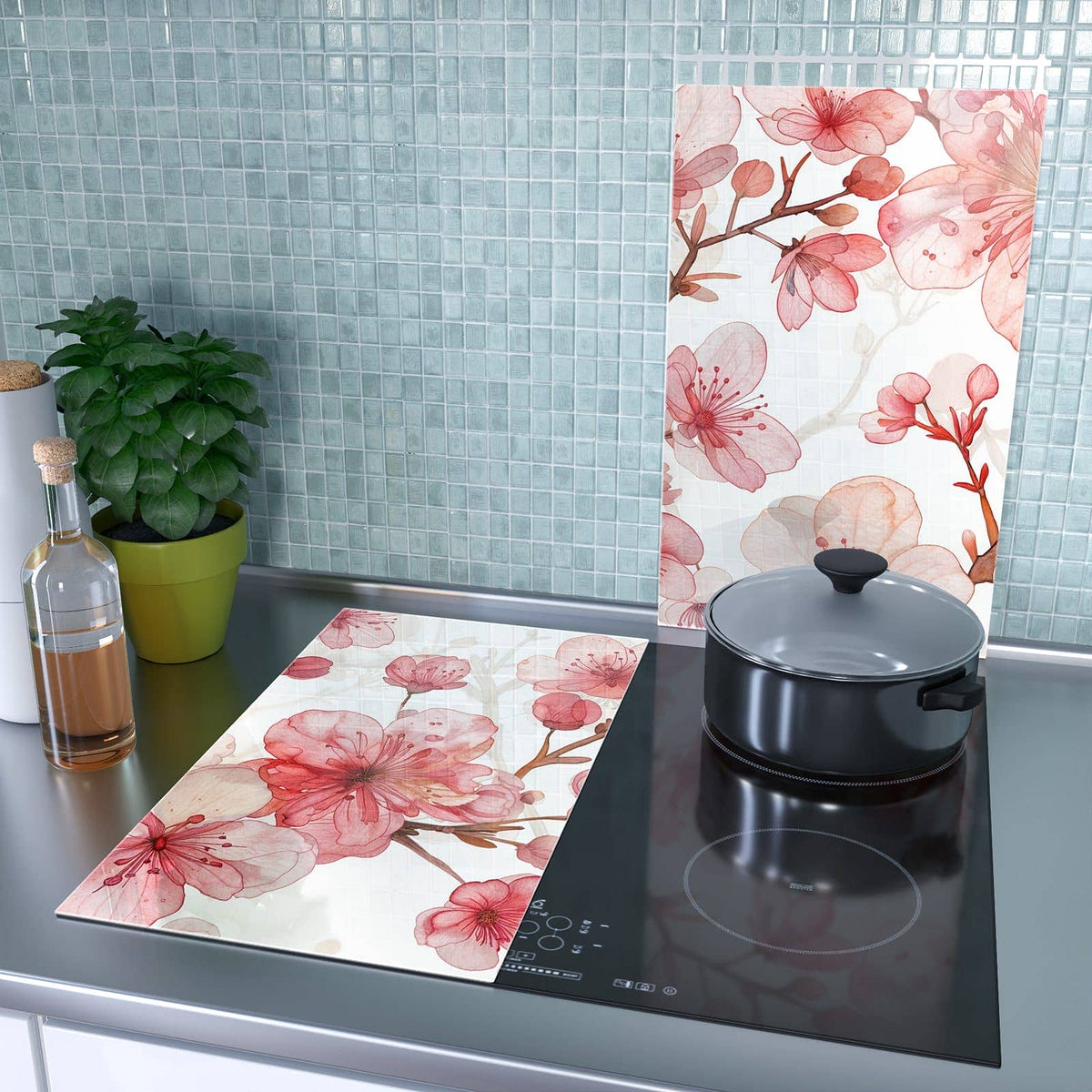 1-teilige Abdeckplatten für Herd mit Blumenmuster Blüten-Motiv als Spritzschutz hinter dem Kochfeld