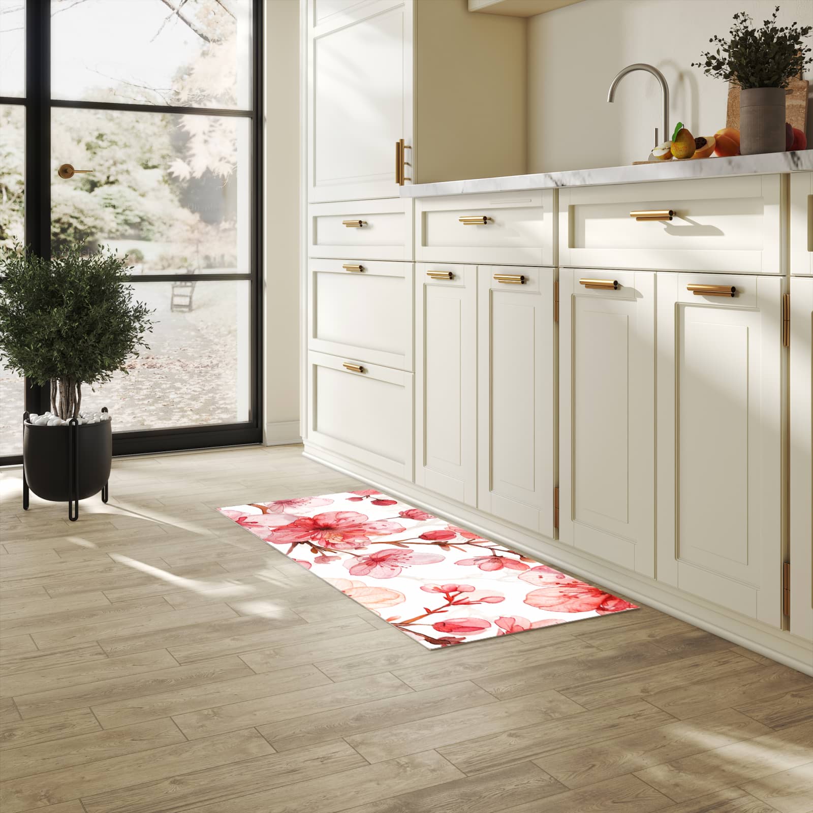 Hygienischer moderner Küchenläufer mit Motiv Blumenmuster Blüten in heller Küche