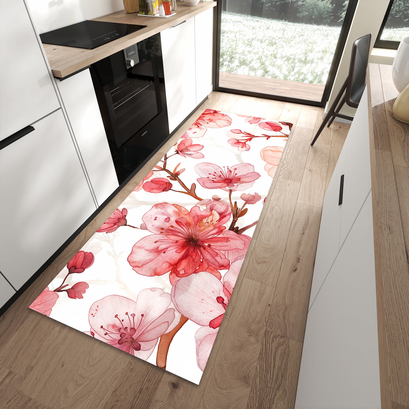 Wasserabweisender Teppich für Küche mit Motiv Blumenmuster Blüten in moderner Küche